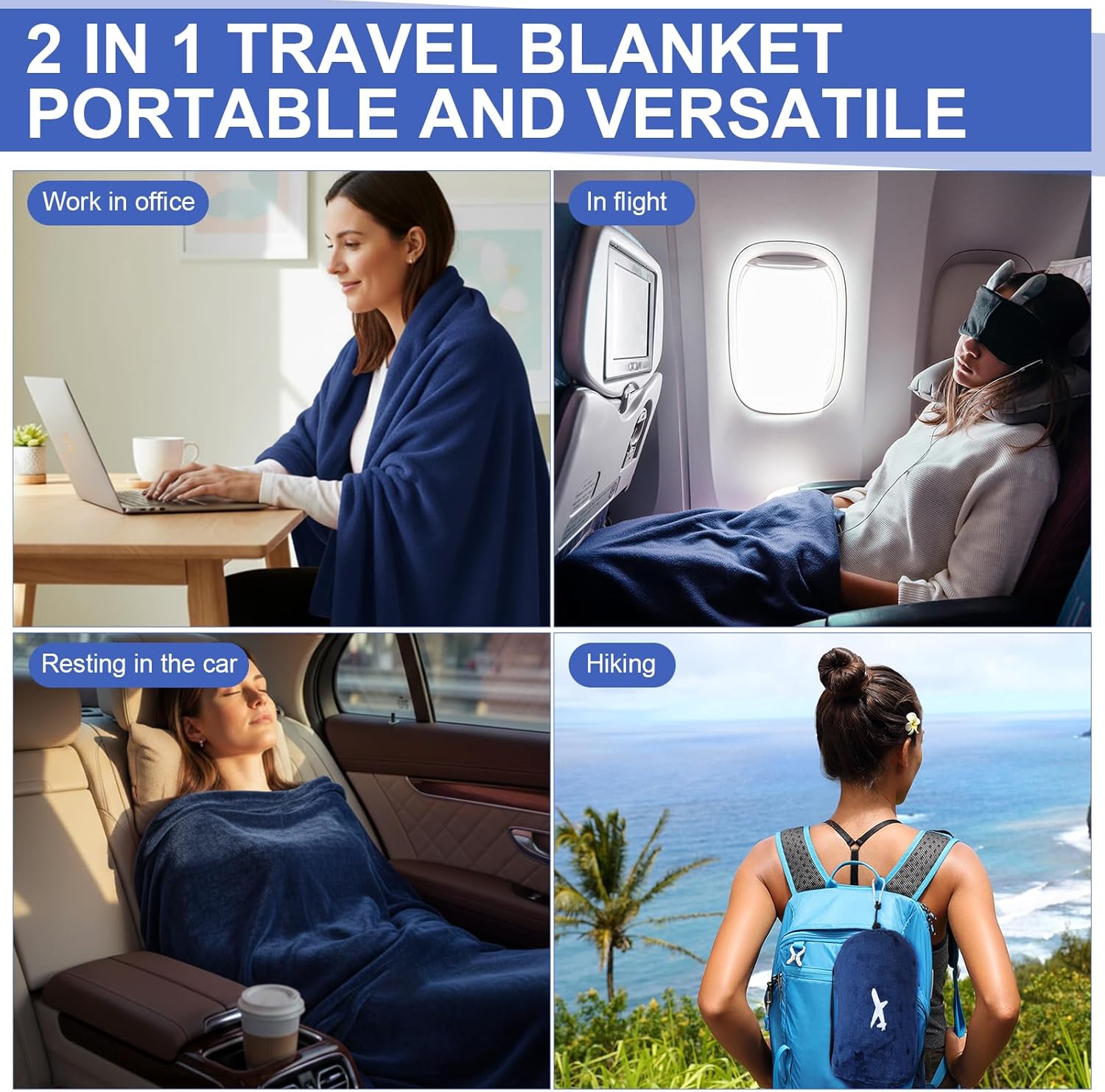 Peryiter 6 Sets Bulk Travel Blanket Pillows for Long Flight Sleeping 50 x 60 Inches Soft Flannel Packable Airplane Flight Blanket 2 in 1 Combo Warm Traveling Plane Essentials (Navy Blue)