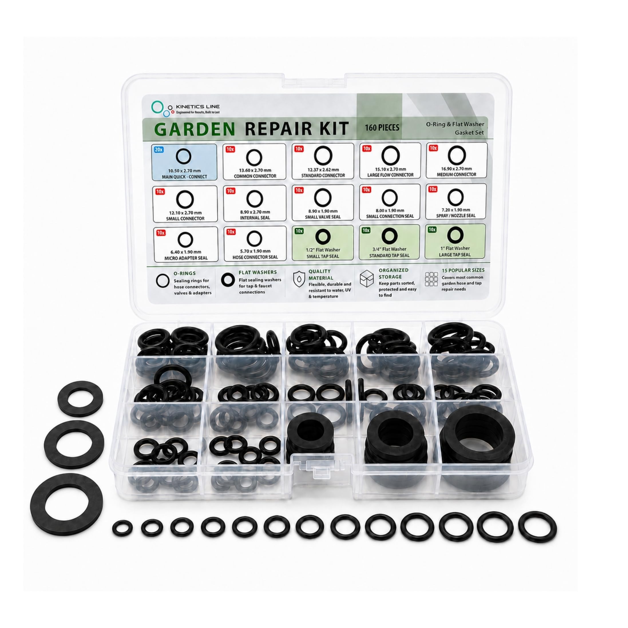 Garden Repair Kit, 160 Piezas – Juntas Tóricas y Juntas Planas de Peroxide EPDM para Manguera de Jardín, Grifo, Conector de Manguera y Aspersor