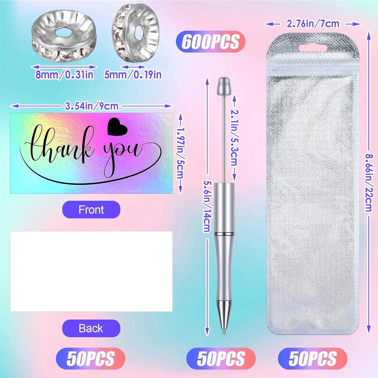 Qilery 750 Pcs DIY Beadable Pens Kit, 50 Pcs Plastic Ballpoint Pens Bulk, Included Foil Thank You Cards and Resealable Packaging Bags Colors Round Spacer Beads for Crafting Students School Supplies