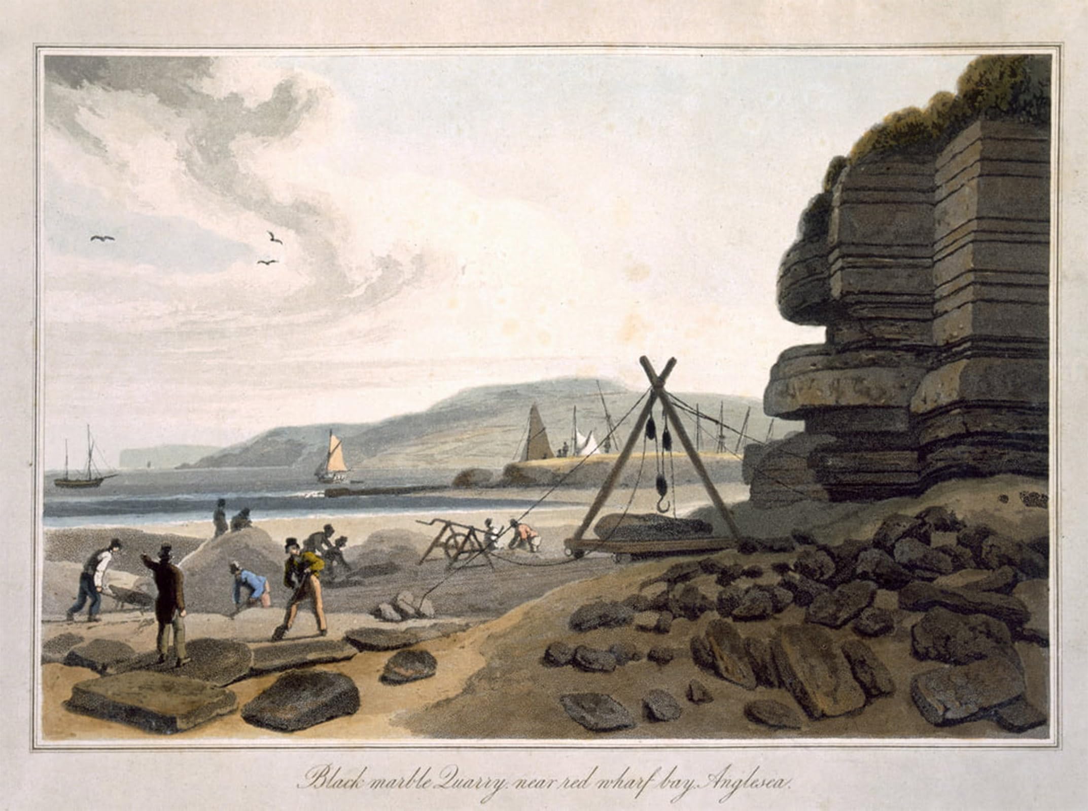 SERENDIPITP Vintage Wall Art Canvas Nordic Poster Canvas Print Picture Black Marble Quarry Near Red Wharf Bay Anglesea by William Daniell Wall Art Poster for Home Decor 60x90cm