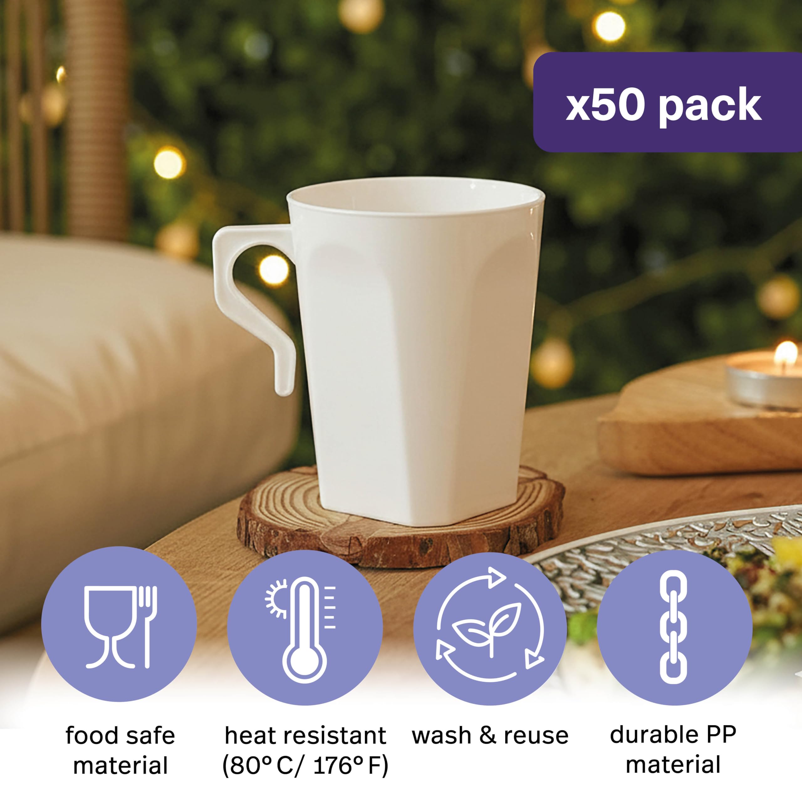Amazon.com | MATANA 50 Pack 9 Oz Small Plastic Coffee Cups with Handles  (White) 3.5 Inch Reusable or Disposable Plasitc Tea Cups with Handles for  Party & Wedding Cafe, Disposable Mugs for