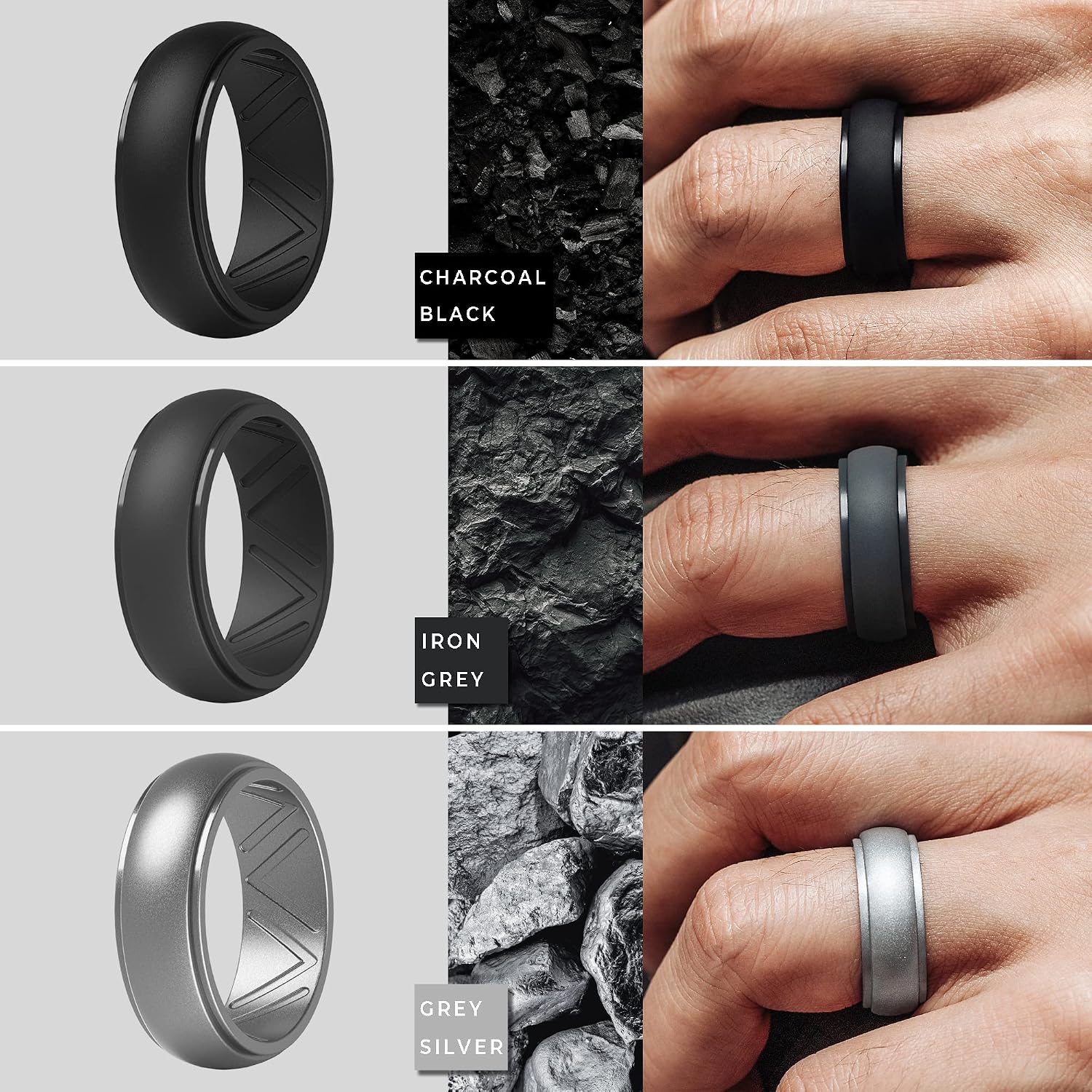 ThunderFit Men's Silicone Wedding Rings, Step Edge Breathable Rubber Engagement Bands 8.7mm Wide 2.5mm Thick - 1/4/7 Variety Multipack image 2