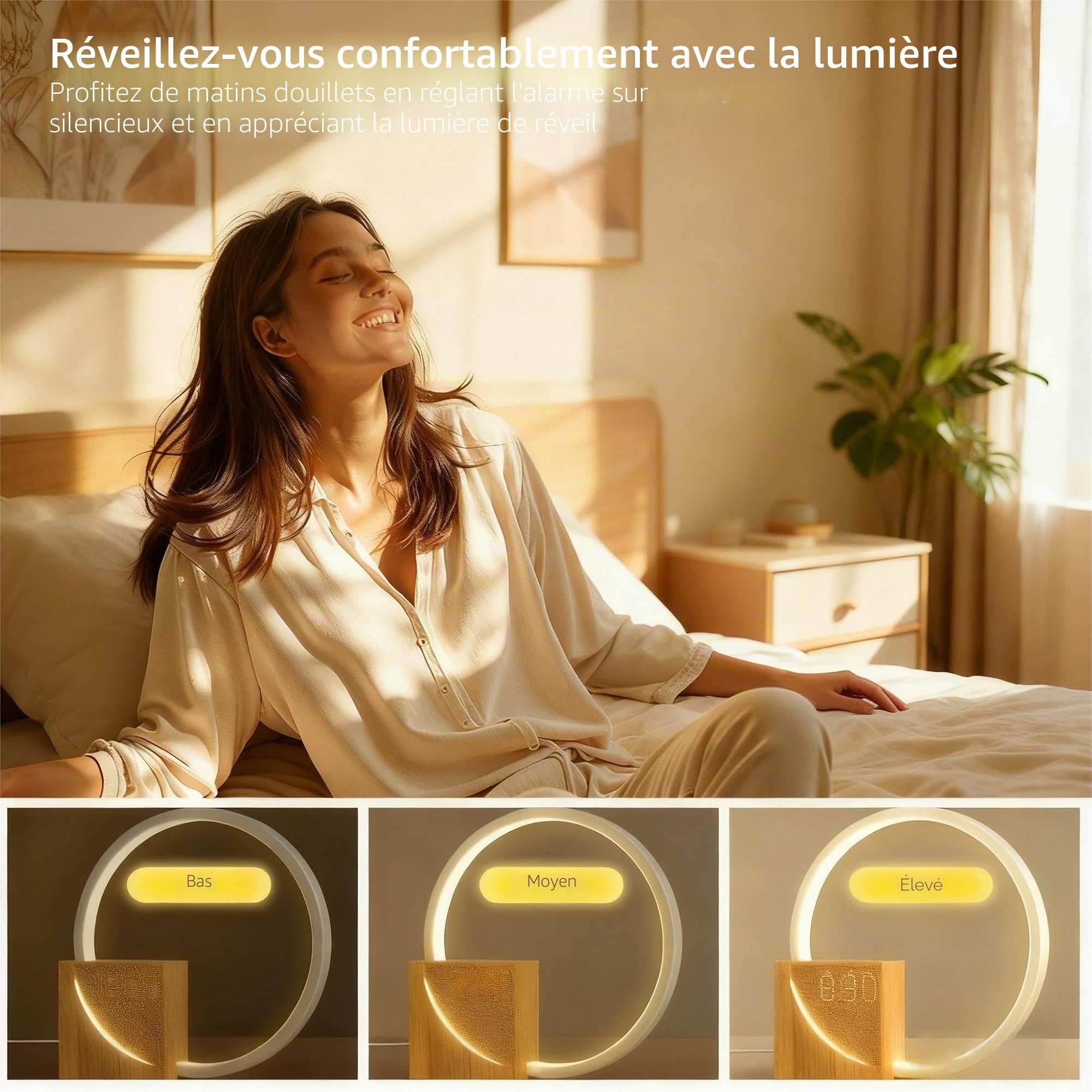 blonbar Lampe de chevet 10 W avec réveil lumineux, ports de charge USB, intensité variable, 10 sons naturels pour adultes et enfants, 3 niveaux de luminosité pour chambre à coucher, salon, bureau