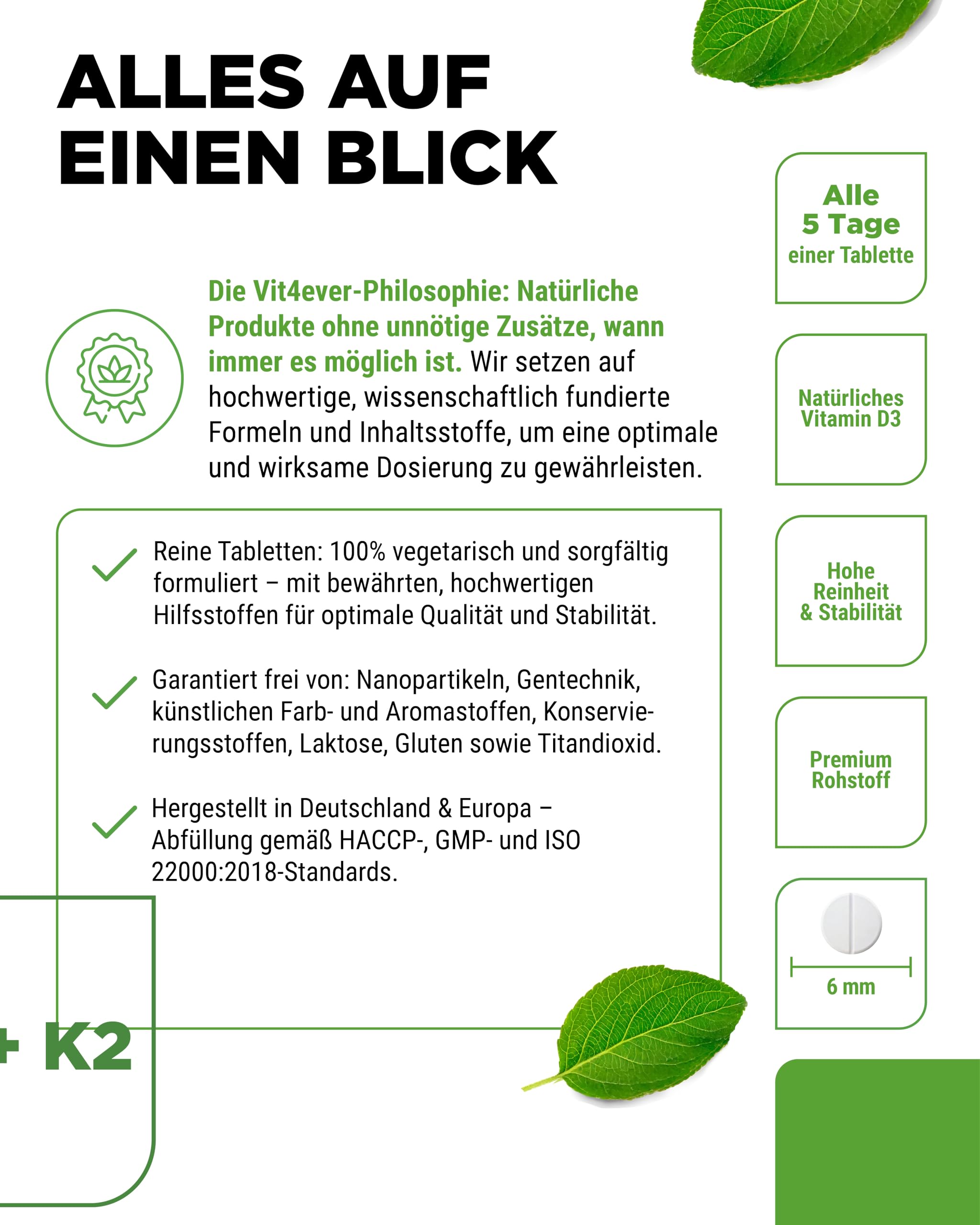 vit4ever Vitamin D3 + K2 Depot - 365 Tabletten - Premium Rohstoff: 99,7+% All-Trans - Mit 5000 I.E. Vitamin D3 pro Tablette - Vegetarisch - Premium Qualität - Ohne unnötige Zusätze | 100 µg Vitamin K2 MK7, aus Lanolin, vegetarisch, ohne unnötige Zusätze &