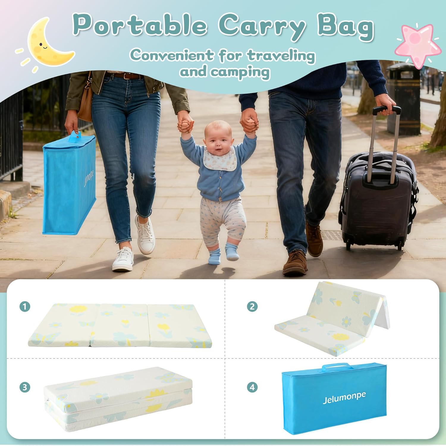 Pack and Play Mattress 38"x26"x1.5",Trifold Portable Pack n Play Mattresses with Carry Bag，Waterproof Playpen Crib Mattress with Soft Breathable and Washable Cover for Baby Toddler/Flower