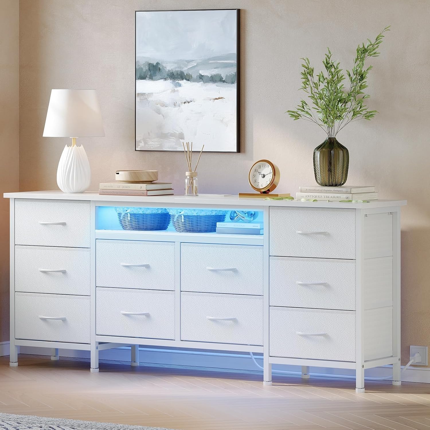 CABIHOME 63 Inch 10-Drawer Dresser with LED Lights & Power Outlets, Wide Fabric Dresser for Bedroom, Long Storage Chest & TV Stand for Living Room, Holds TVs Up to 75", White
