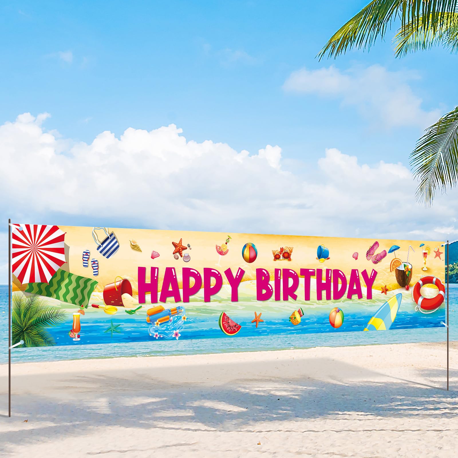 Summer Birthday Yard Decorations Summer Beach Happy Birthday Banner Hawaiian Pool Luau Tropical Birthday Banner Backdrop Sign for Summer Birthday