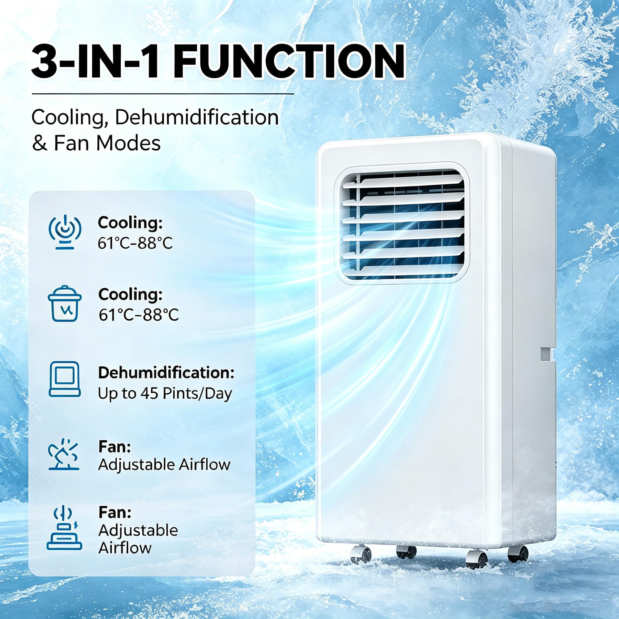 Climatizzatore portatile, 10.000 BTU Unità ad alte prestazioni per ambienti fino a 250 mq, raffreddamento ad alta efficienza energetica, design compatto per soggiorni e uffici