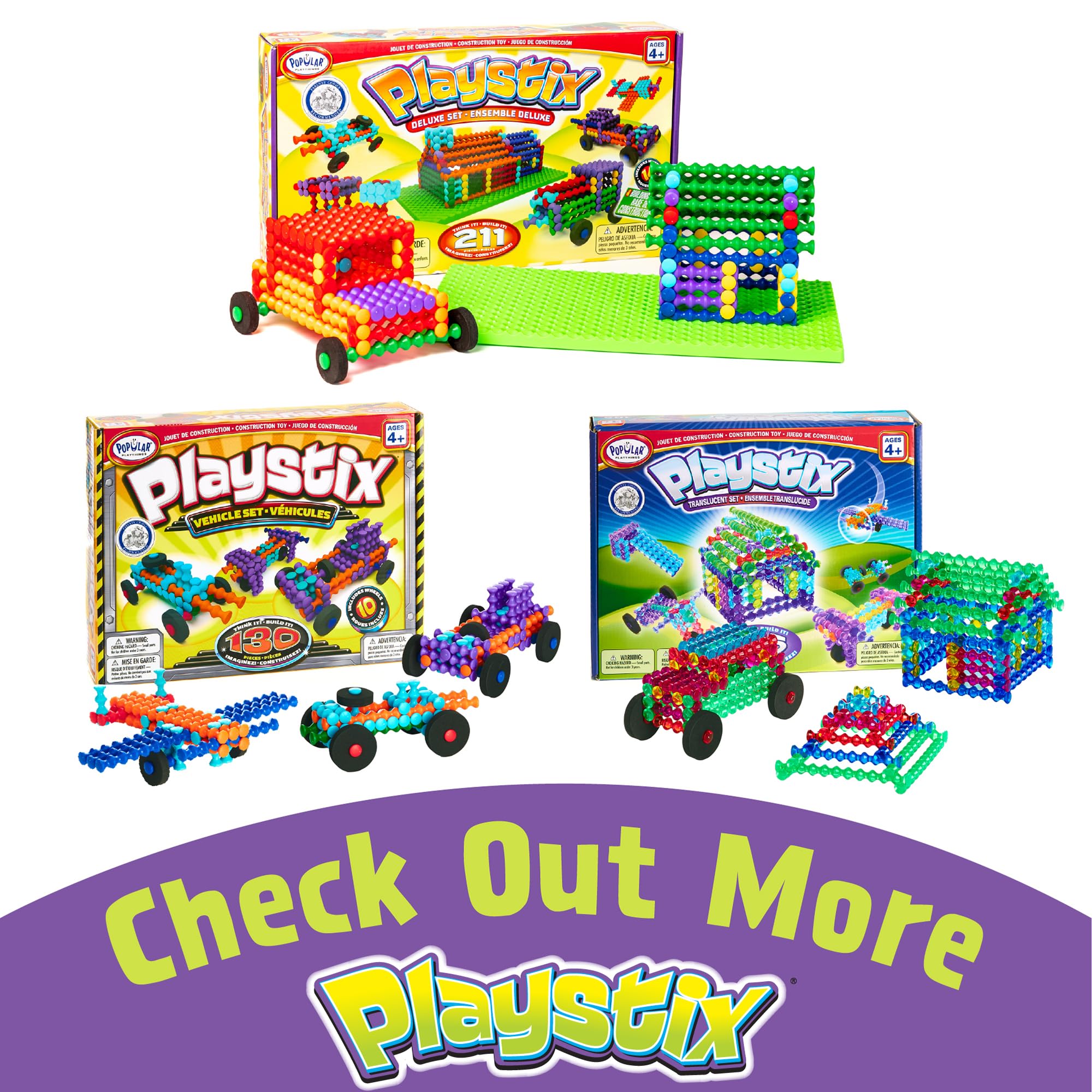 POPULAR PLAYTHINGS Playstix Construction Toy Set with Building Sticks for STEM and Classroom Use, for Kids Ages 4 and Up - 150 Piece Kit