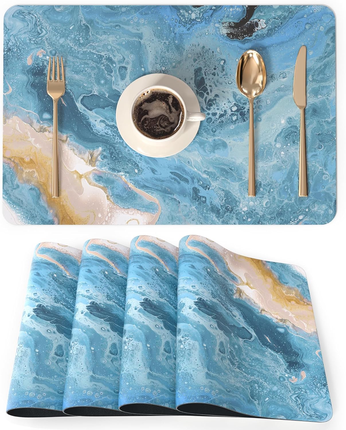 QiyI Placemats Set of 6, 12x18 Inch Faux Leather Place Mats for Kitchen Dinning, Heat Resistant Anti Slip Floral Table Mats, Waterproof Wipeable Washable Placemat Party Table Décor, Blue Flowers