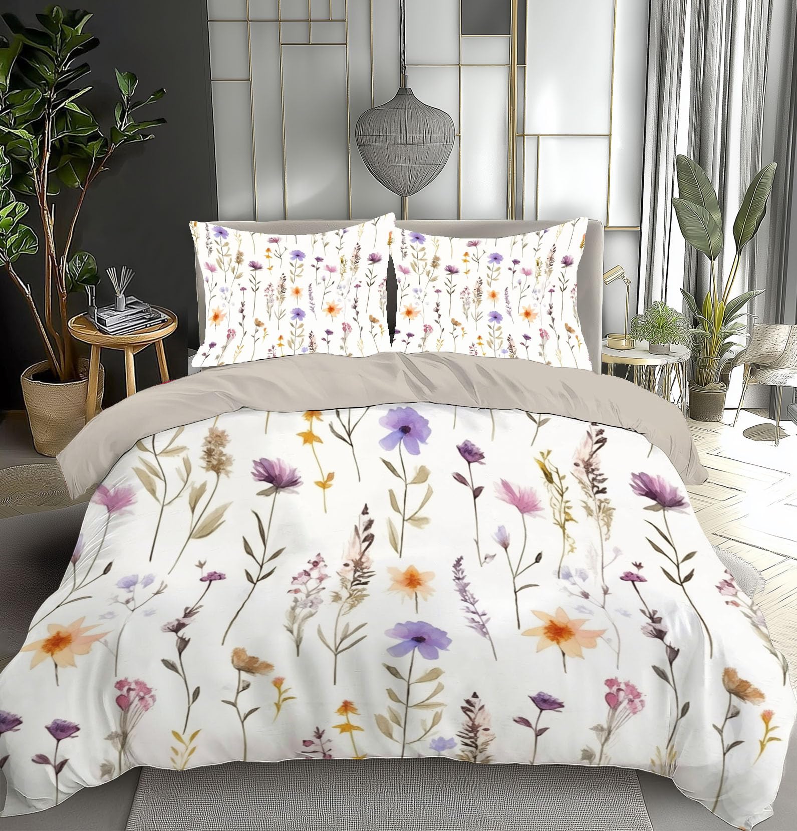 Parure de lit Aquarelle Fleurs Sauvages en microfibre blanche 220x240 cm
