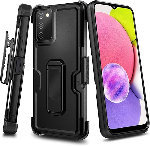 Miniatura 1 de NZND Funda para Samsung Galaxy A03S con protector de pantalla de vidrio templado (cobertura máxima), funda de clip para cinturón con soporte