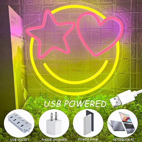 Miniatura 6 de Letrero de neón de cara sonriente, regulable con luces LED de cara sonriente para decoración de pared, alimentado por USB, para sala de juegos,