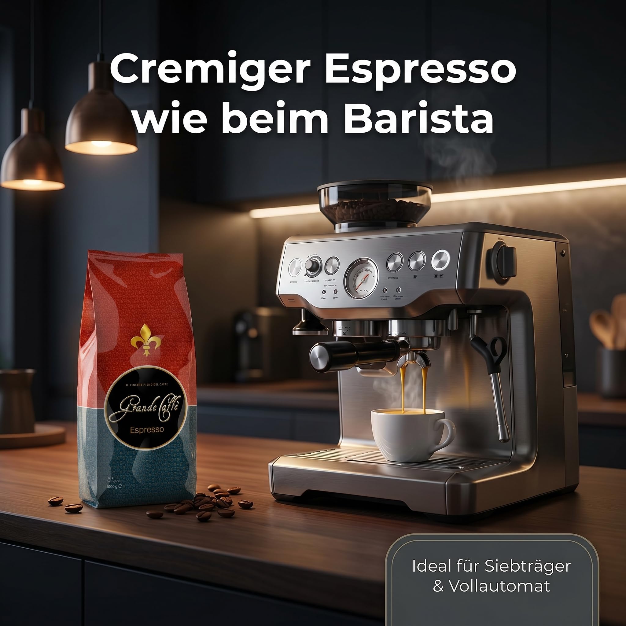 Grande Caffe Espresso Kaffeebohnen, ganze Bohnen, 80% Arabica 20% Robusta, Dunkle Röstung, 1000g, 2er Set, würzig-nussiges Aroma, traditionelle Trommelröstung
