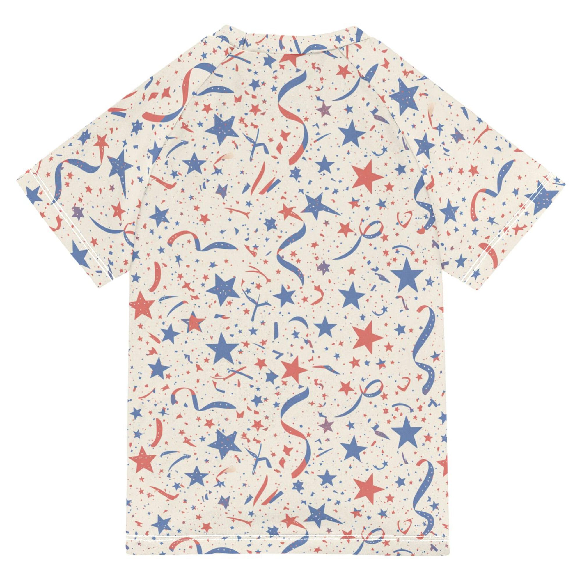 Wudan American Flag with Stars Stripes Boy Bathing Suit Short Sleeves Kids Rash Guard Swim Girls Swimwears Activewear for Teen Boy 7-8Y