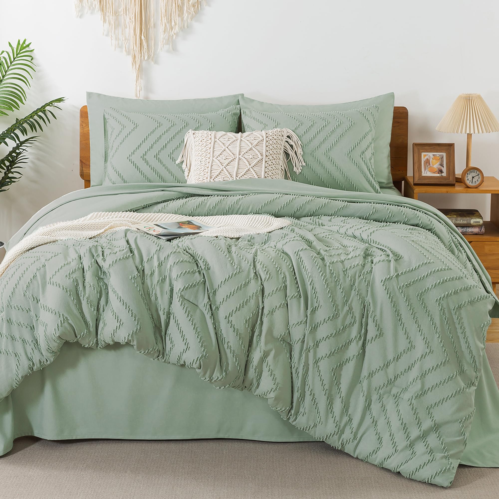 Photo 1 of Litanika California King Comforter Set with Sheets Sage Green - 7 Pieces Bed in a Bag Cal King Boho Tufted Complete Beddding Sets with Comforter, Sheets, Pillowcases & Shams California King (104"x96") Sage Green