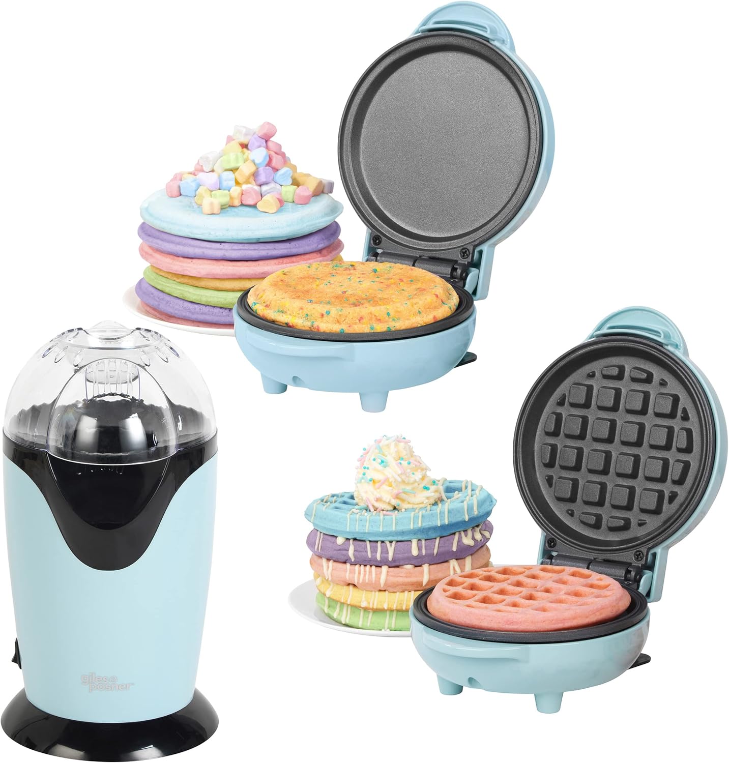 Giles & Posner COMBO8148 3Piece Snack Maker Set With Waffle Maker, Popcorn Maker, Mini Snack