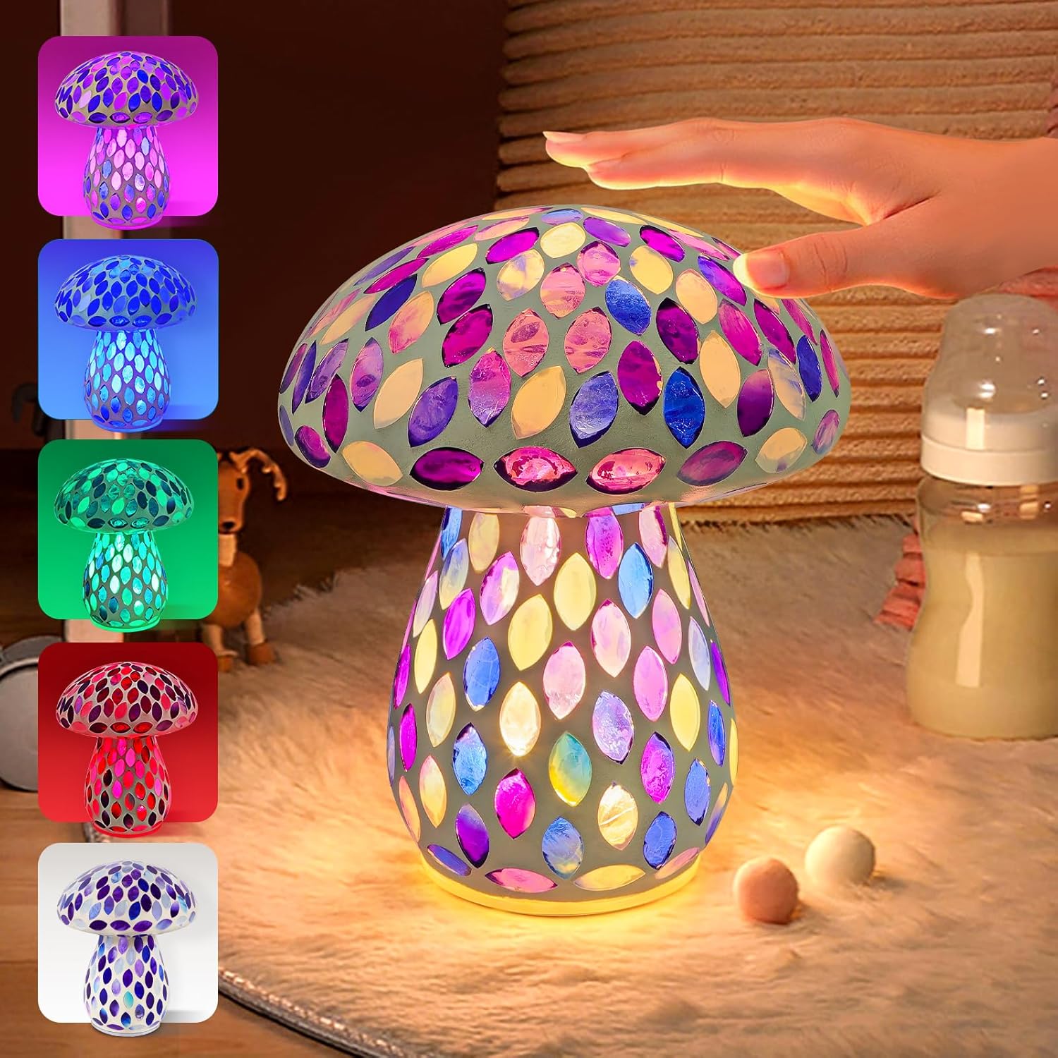 Mushroom Table Lamp Decor Light: Disco Glass Bedside Table Lamp with Rechargeable Cordless Touch - 5 Colors, 2 Mood Lighting - Cute Nightstand Lamp for Ambient, Kids, Bedroom, Living, Girl Gift