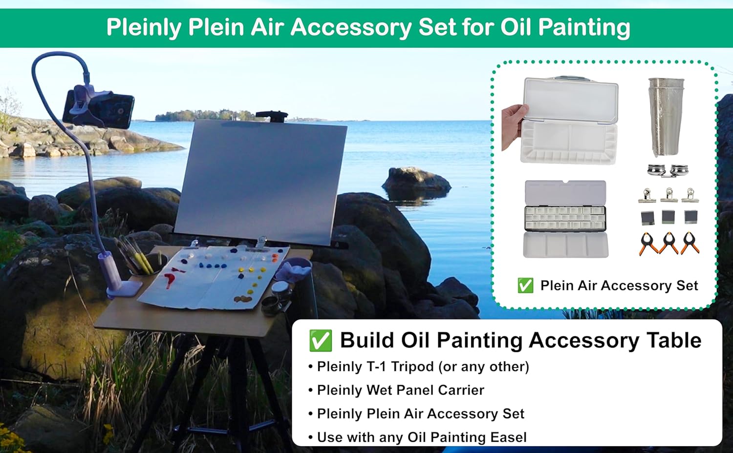 Plein Air Painting Accessory Set | 2 Watercolor Palettes | Water Cups (650 ml Stainles Steel) | Oil Cup | 9 Clips | for Plein Air Watercolor Painting | Expand Pleinly Wet Panel Carrier