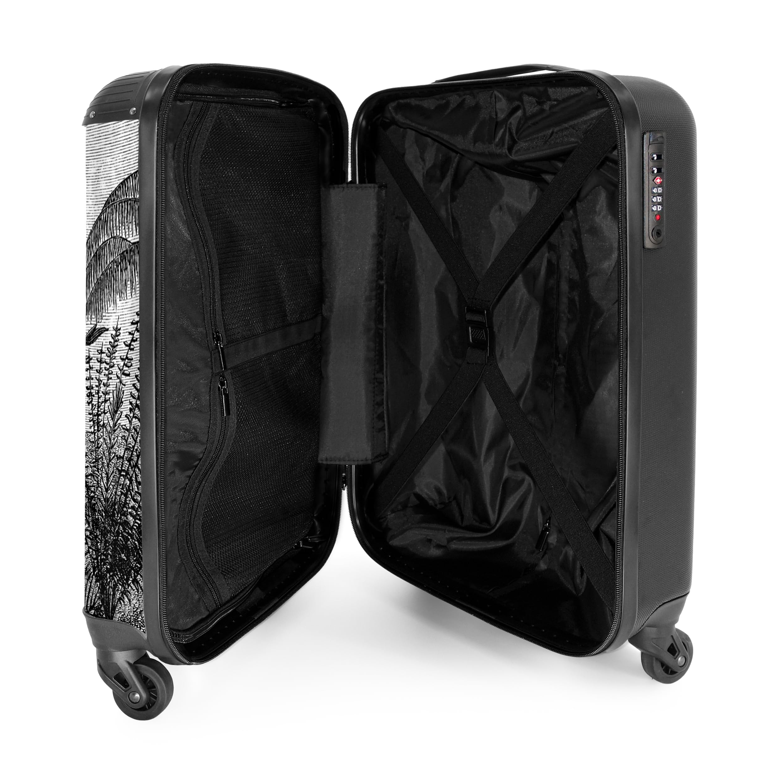 NoBoringSuitcases© Valigia bagaglio a mano | Trolley per cabina leggera, 4 ruote, motivo palme vintage, lucchetto combinazione, resistente ai raggi UV, 55-35-20 cm