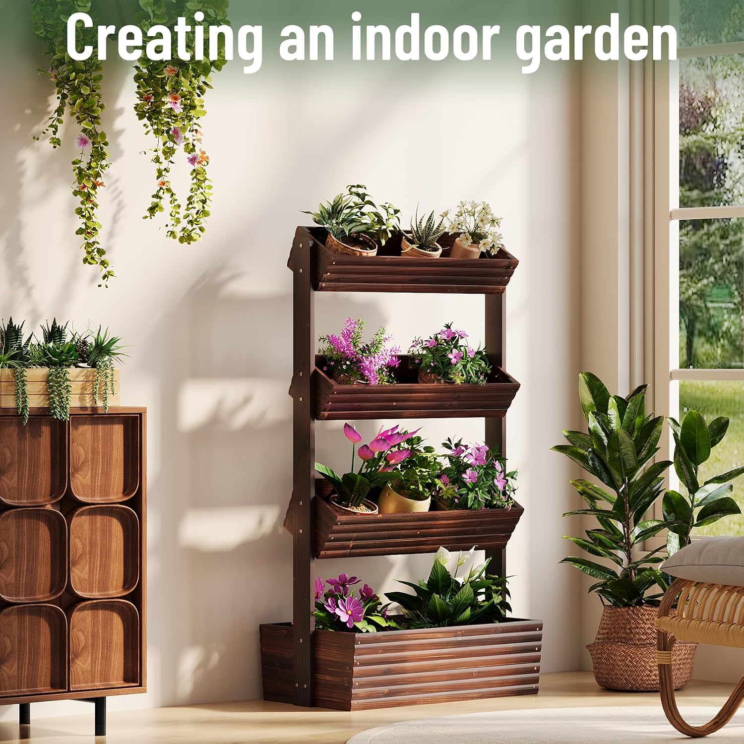 Vertical Wooden Raised Garden Bed, Freestanding Plant Stand Flower Rack Wooden Planter Box for Plants Herbs Flowers Vegetables Outdoor Indoor Gardening (4-Tier Carbonized)
