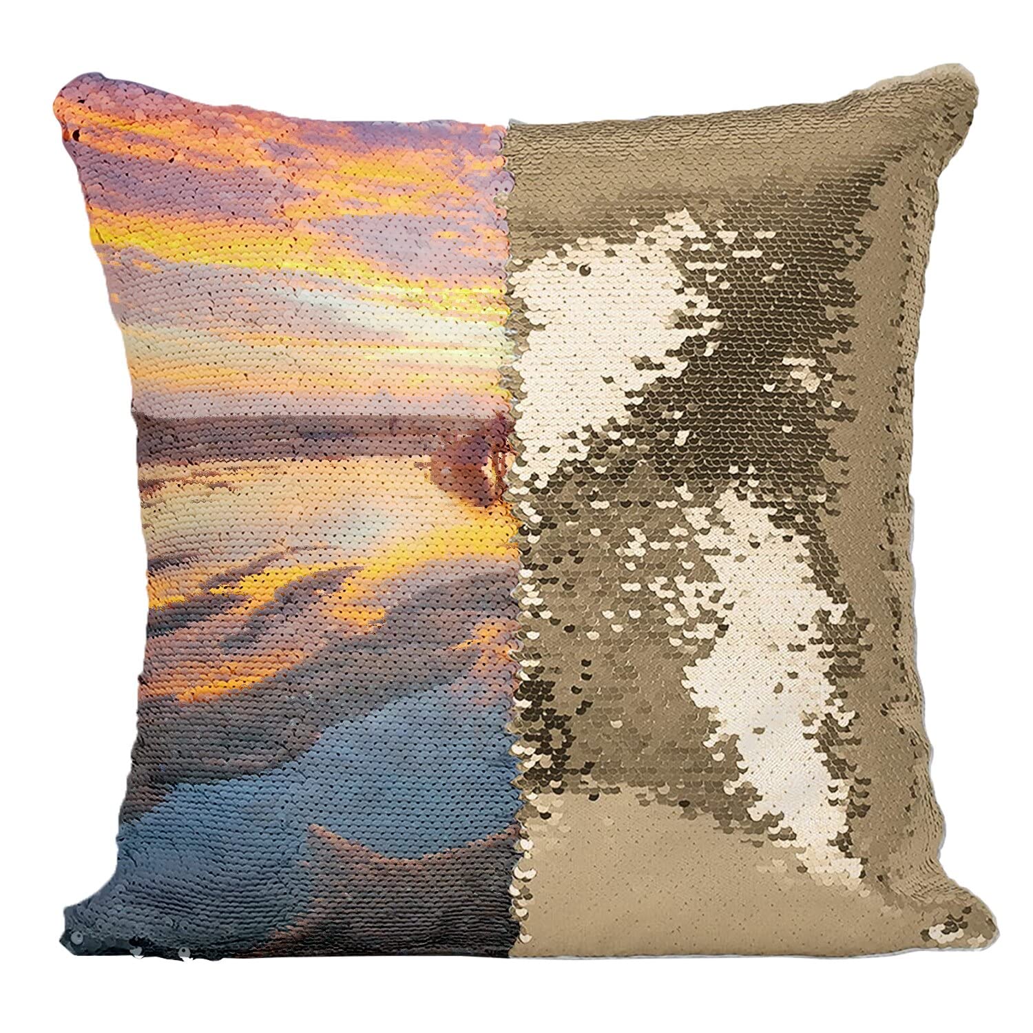 Coussin housse sequin doré soleil couchant plage paysage mer taie paillettes
