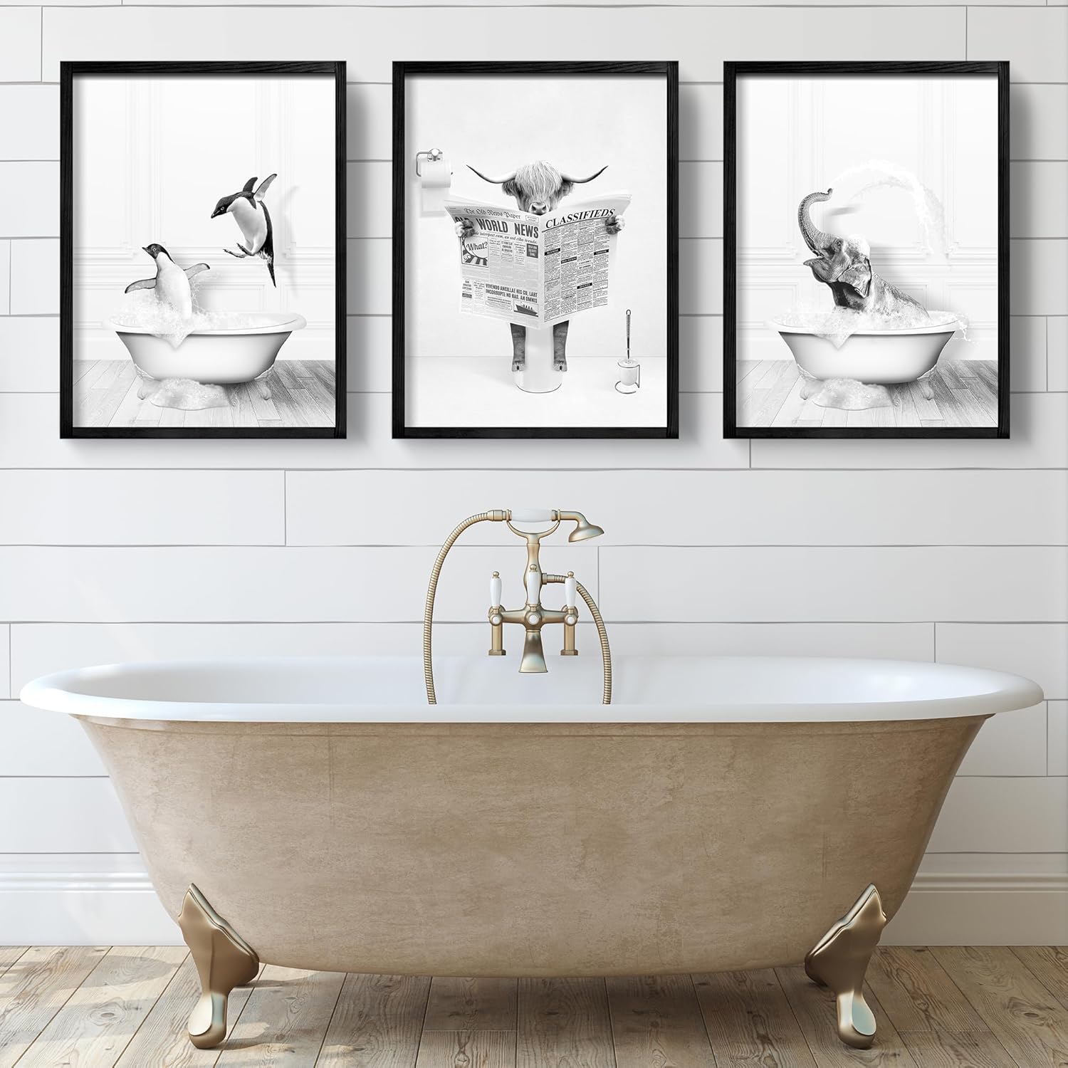 Heiple Set of 3 Framed Bathroom Wall Art Funny Penguin, Cow & Elephant
