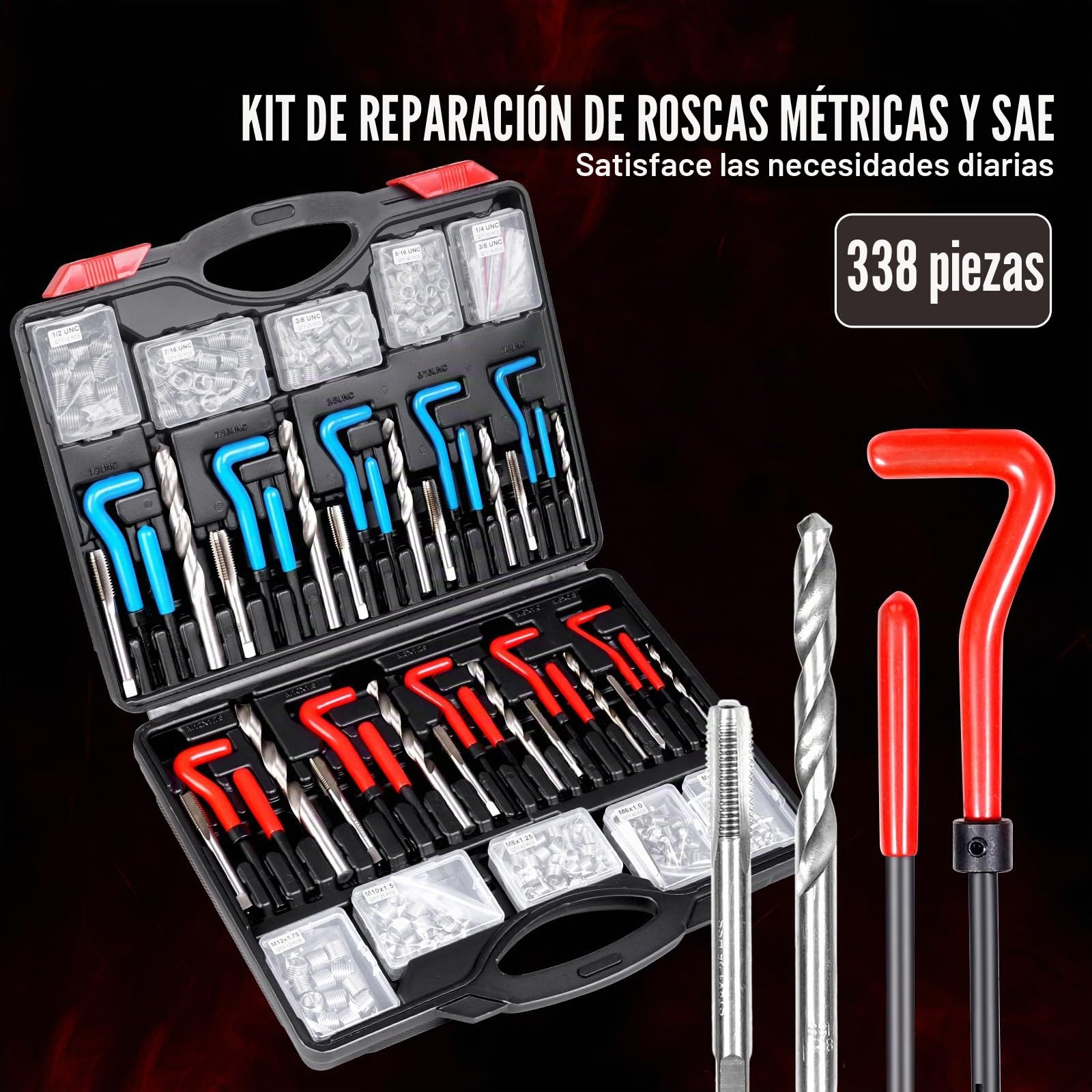 VEVOR Kit de Reparación de Roscas Helicoil 338 Piezas Kit Reparador Roscas SAE y Métrico M5, M6, M8, M10, M12, 1/4", 5/16", 3/8", 7/16", 1/2", Brocas HSS, Insertos de Rosca, Machos de Roscar