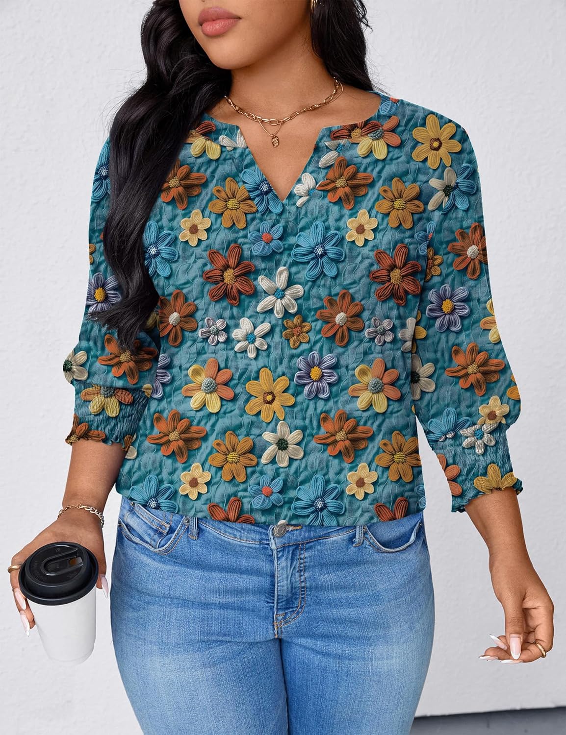 TFSDOD Womens Plus Size Tops 3/4 Sleeve Blouses Summer V Neck Shirts Smocked Cuffs Spring Outfits 1X-5X - Image 5