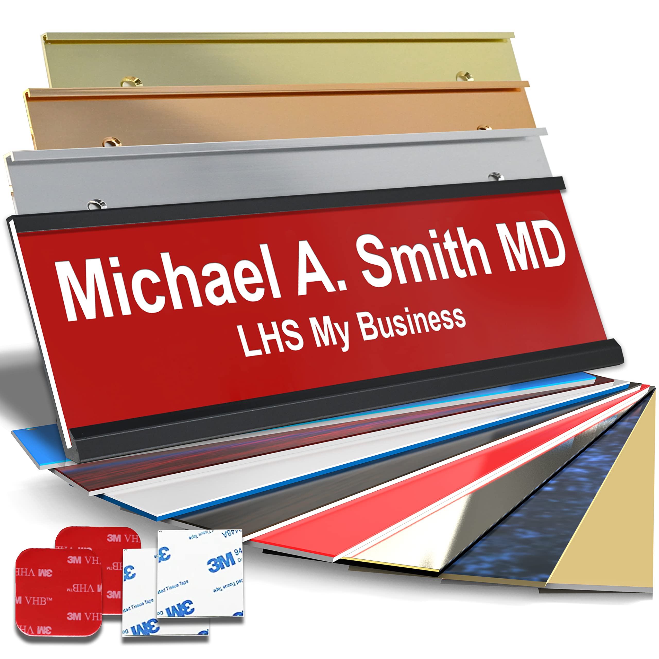 Custom Name Plate with Choice of Mounting for Walls, Doors, Desk Holders, Cubicles, Hanging and More - Personalized Red Plastic White Letters - USA