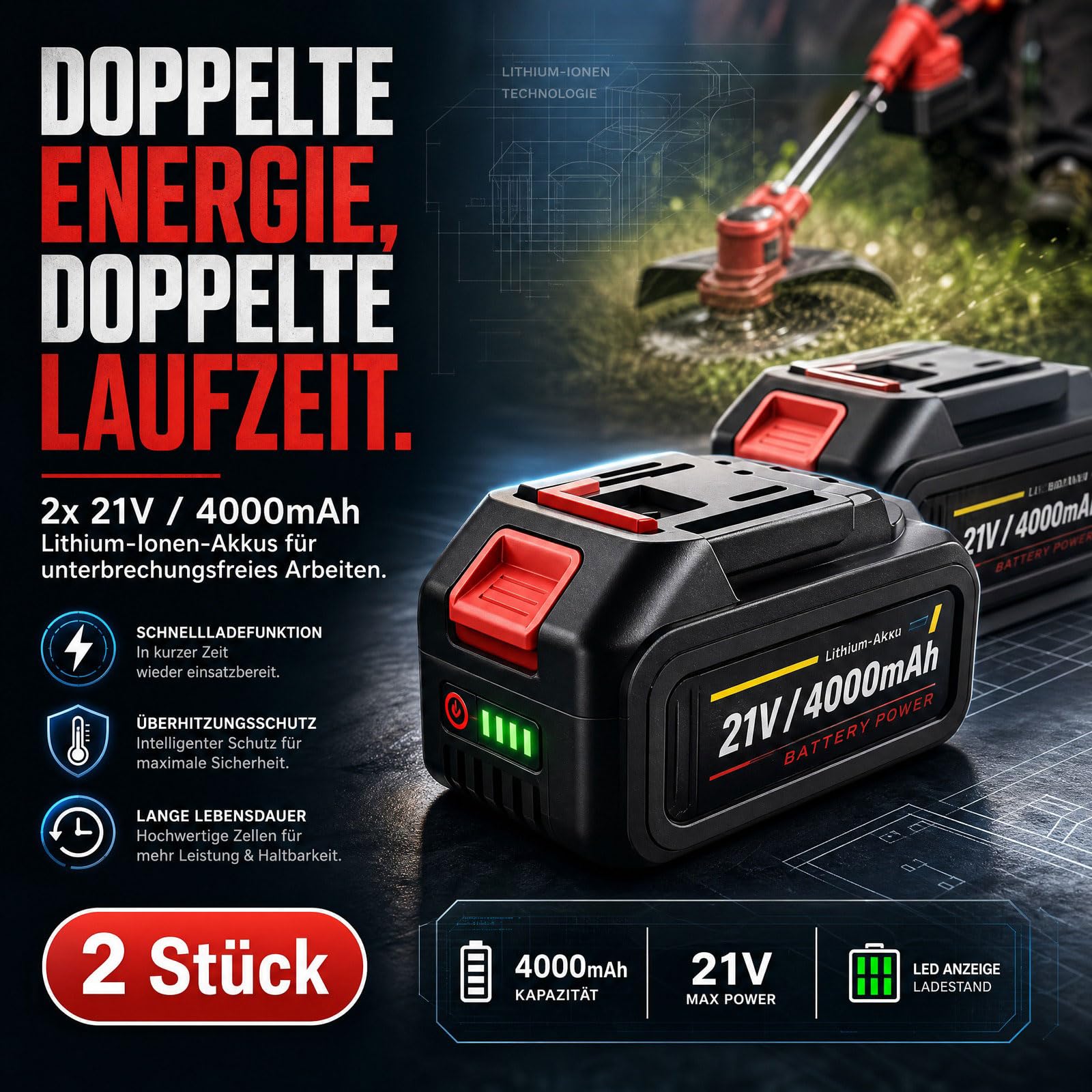 Rasentrimmer mit Akku, Akku Rasentrimmer 21V mit Unkrautbürste, 2X4.0Ah Akku Freischneider, Tap&Go M10, für Garden Trimmen (Rot)