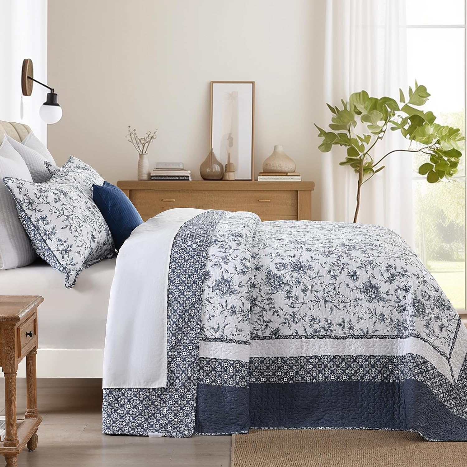Oversized King Bedspreads 128x120 Extra Wide - Botanical Floral Farmhouse Reversible California King Quilt Set, 3-Piece Lightweight Thin Comforter, 100% Cotton, Cal King, Navy Blue/White - Image 3