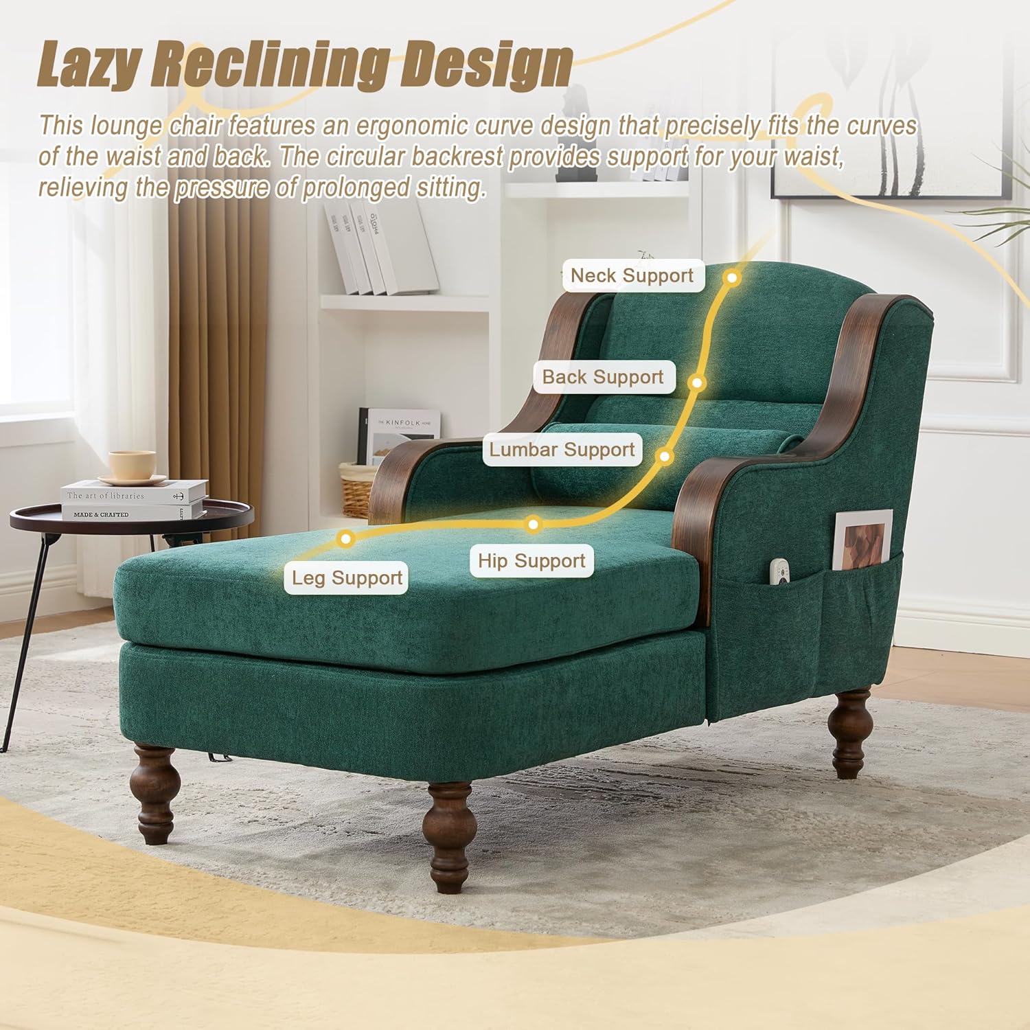 Upholstered Oversized Chaise Lounge Chair, Solid Wood Frame, Comfy Arm Chair with Thick Double-Layer Cushion, Curved Armrests Modern Overstuffed Sleeper Recliner for Bedroom Living Room(Emerald Green)