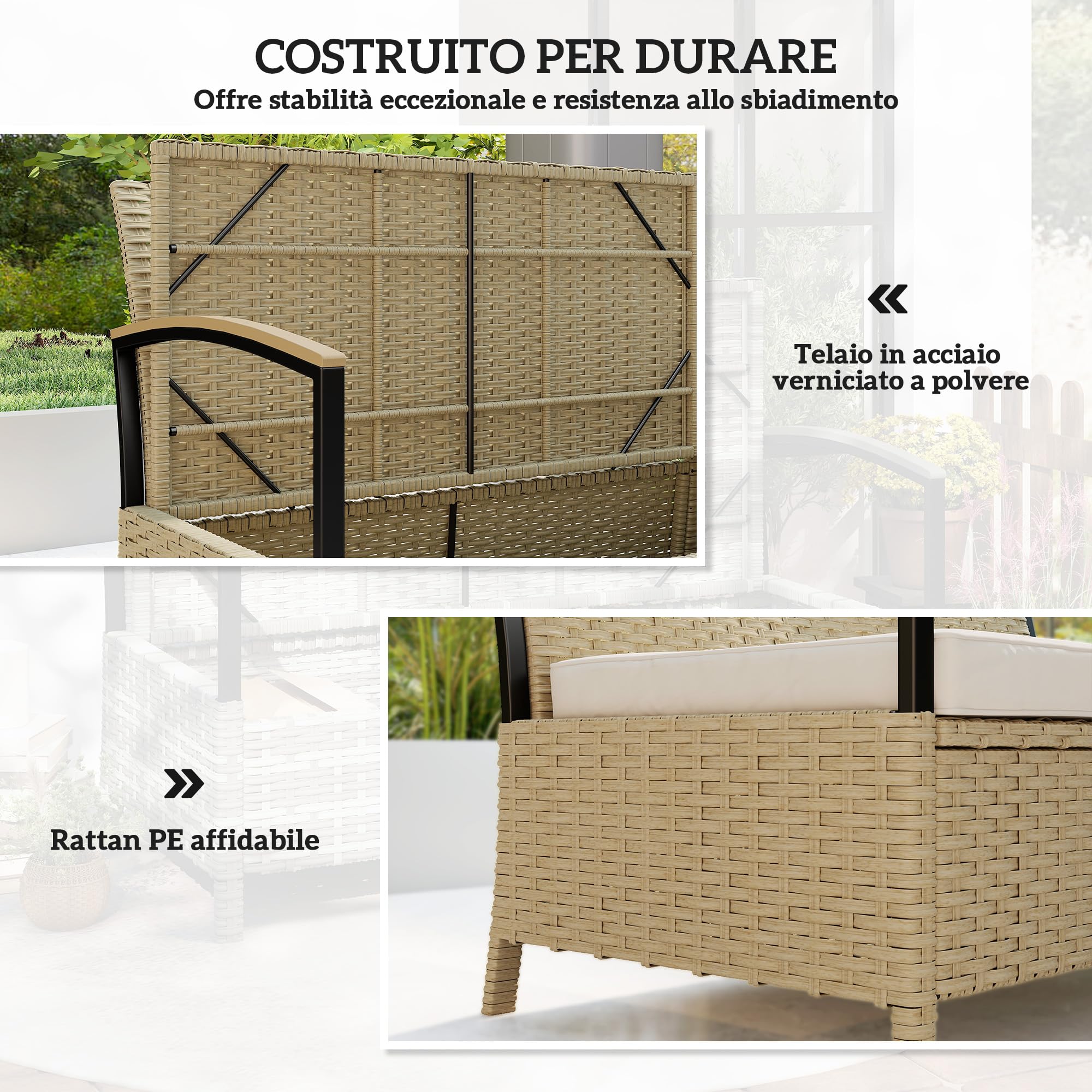 Outsunny Baule da Esterno, Panca Contenitore da Giardino 125L, Divanetto 2 Posti in Rattan PE con Cuscino Imbottito, Struttura in Metallo per Patio, Giardino e Balcone, Cachi