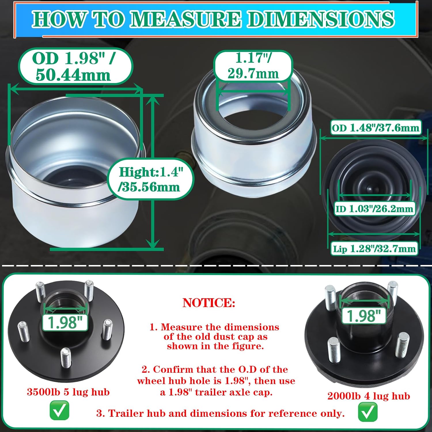 4pcs 1.98'' Trailer Hub Dust Caps with Extra 4pcs Rubber Plugs,Bearing Center Replacement Trailer Cup,Trailer Hub Grease Cap for Most 2000 to 3500 Ib Axles Dexter EZ Lube
