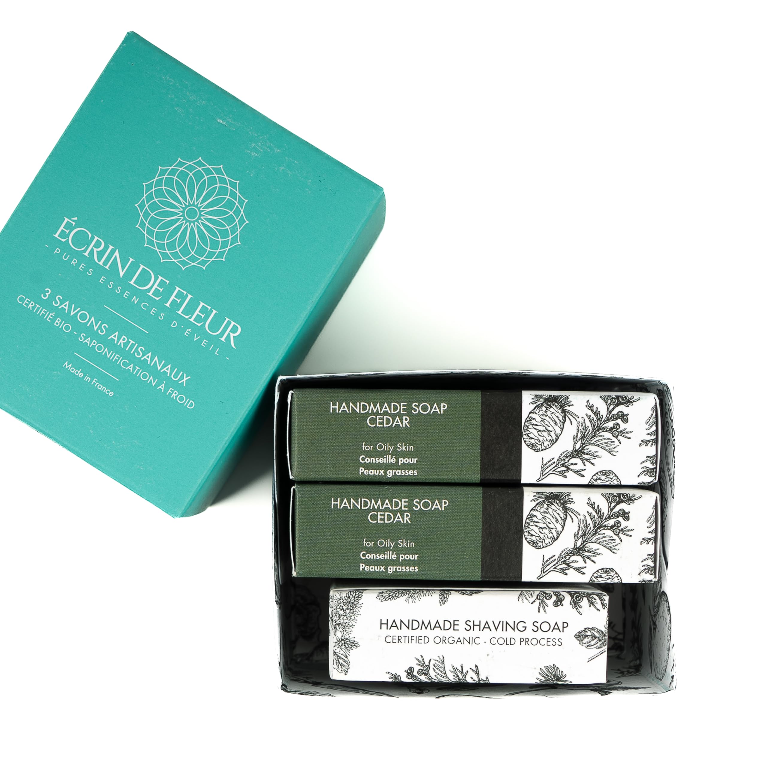 Confezione da 3 saponi da uomo biologici certificati (sapone al cedro 2x90g, sapone da barba al cedro 1x55g)