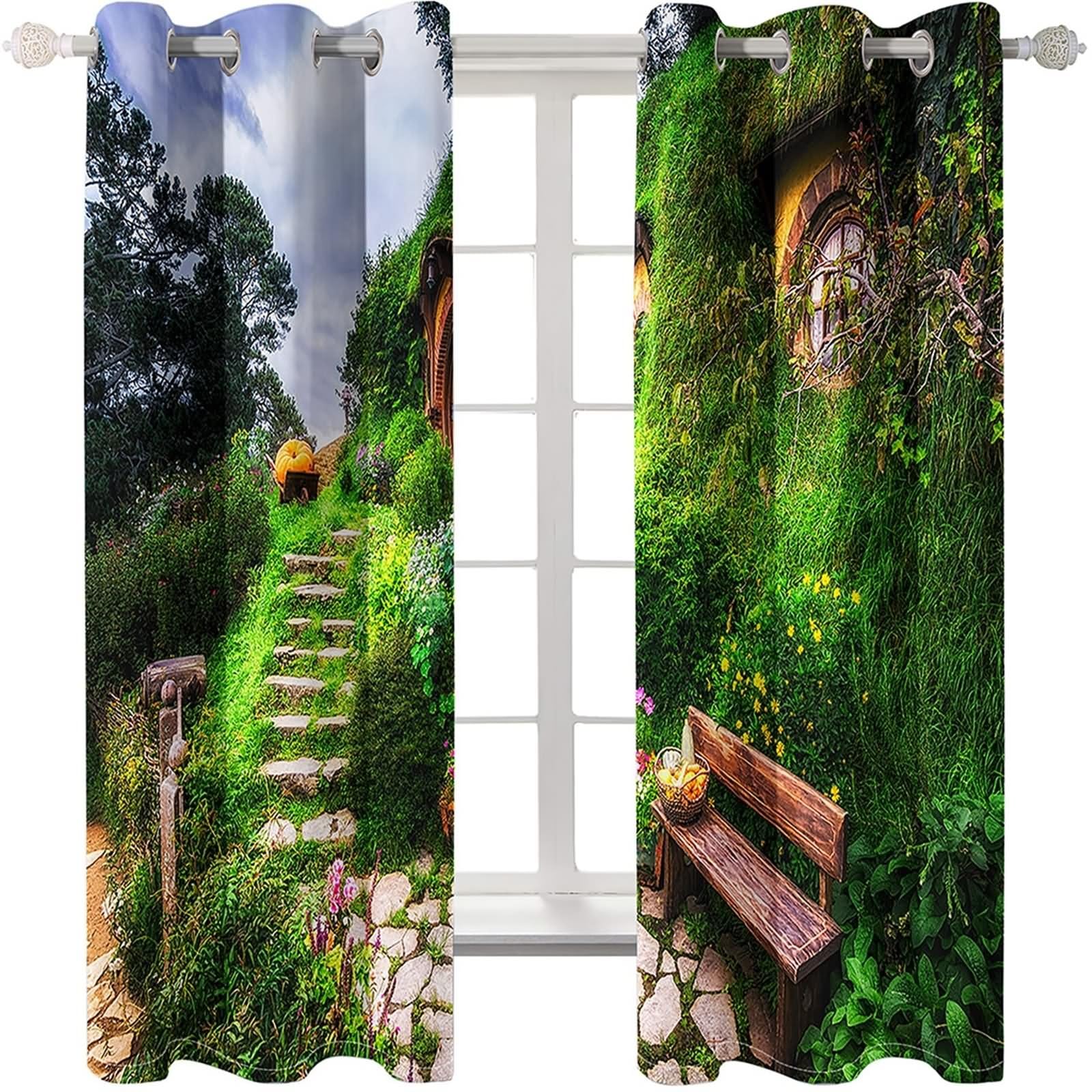 Vorhang zum Einhängen, Vorhang Fenster Grün Waldhauslandschaft Polyester 2er Set 172x115cm