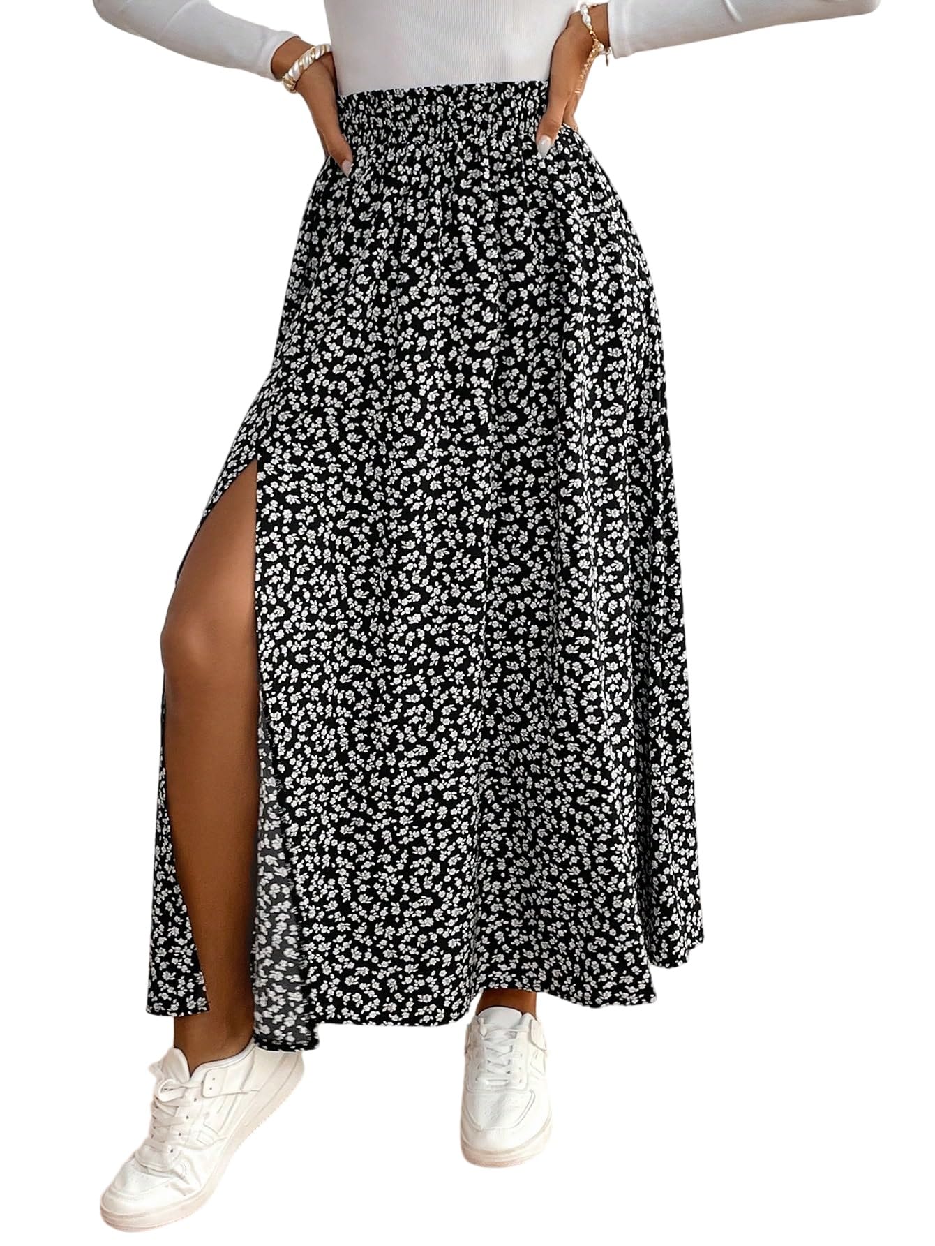 GORGLITTER Damen Rock Langer Sommerrock Boho Midirock mit Schlitz Blümchenmuster Röcke Hohe Taille Blumenrock Casual Freizeitrock Locker Strandrock