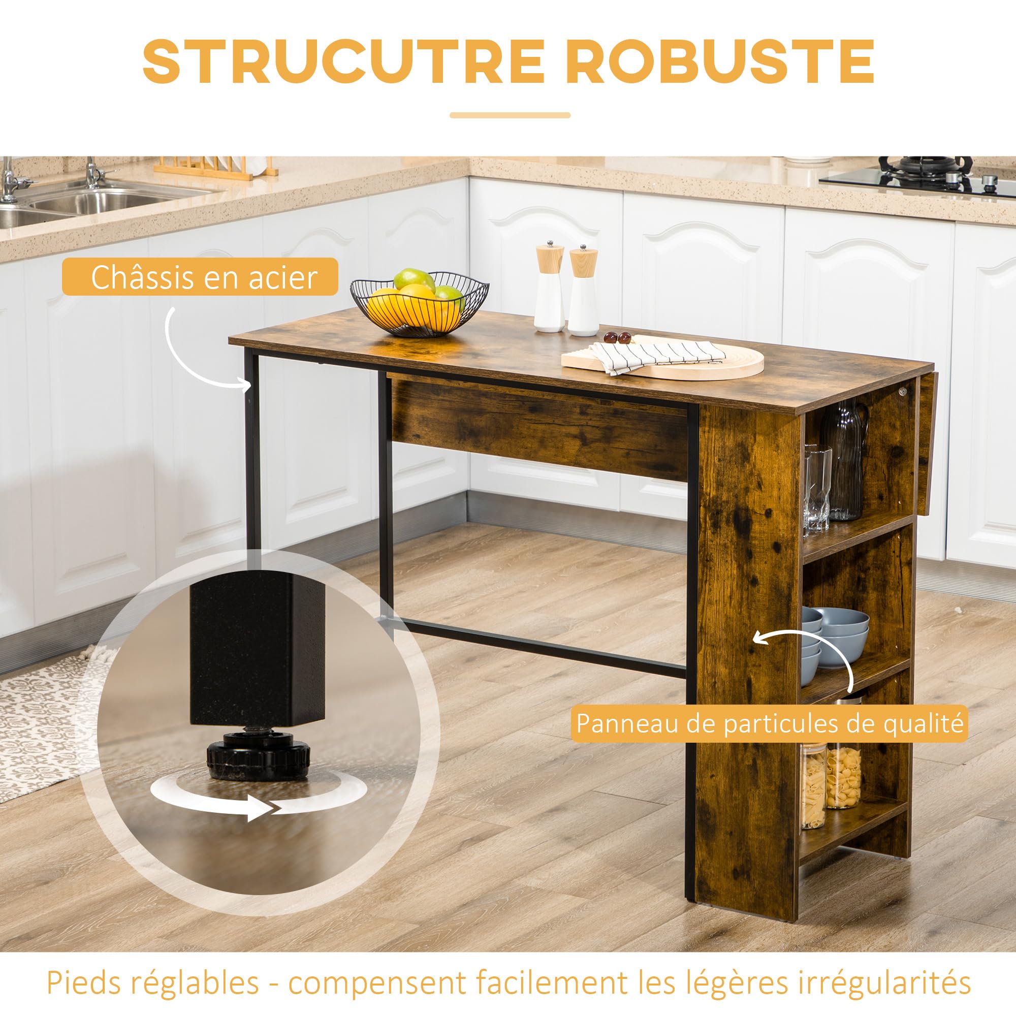 HOMCOM Table de Bar avec Rangement Table Bistrot Ilot Central Plateau latéral Rabattable et 3 étagères - 120 x 76 x 91,4 cm Brun Rustique