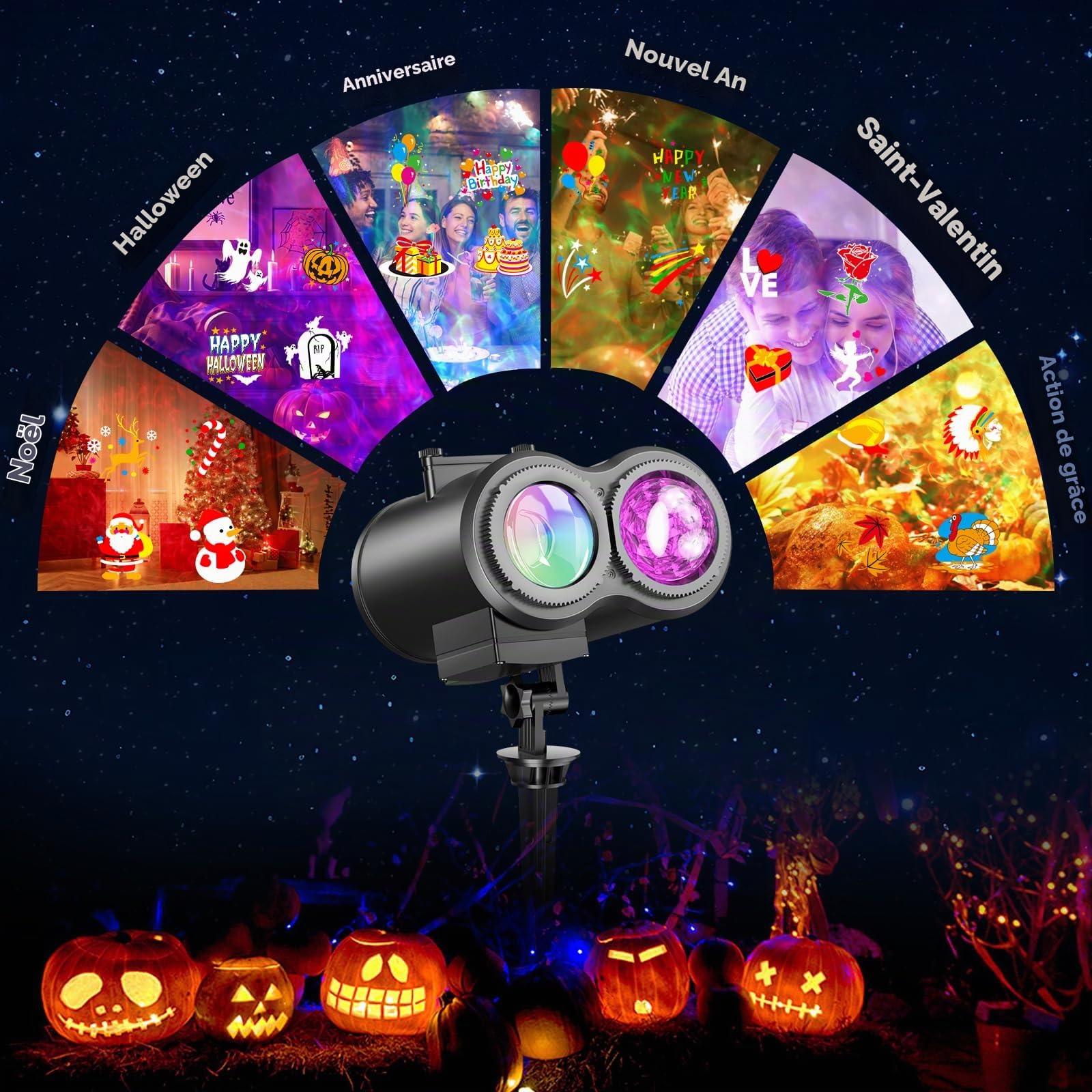 Projecteur Noel Exterieur Interieur, 2-in-1 10 Couleurs Effet 20 Diapositives Projecteur LED Noel Avec Télécommande et Fonction de Minuterie,Adapté pour Décoration de Noël, Pâques, Thanksgiving, Fête