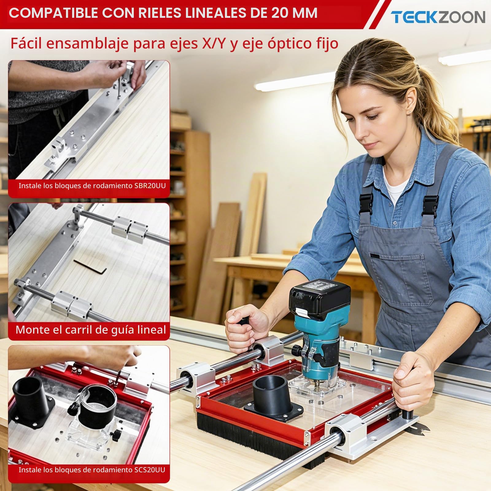 Sistema de aspiración de polvo TECKZOON para carro de guía lineal, con placa adaptadora para SBR20UU & SCS20UU, conexión de 2,5", placa acrílica preperforada compatible con la mayoría de fresadoras