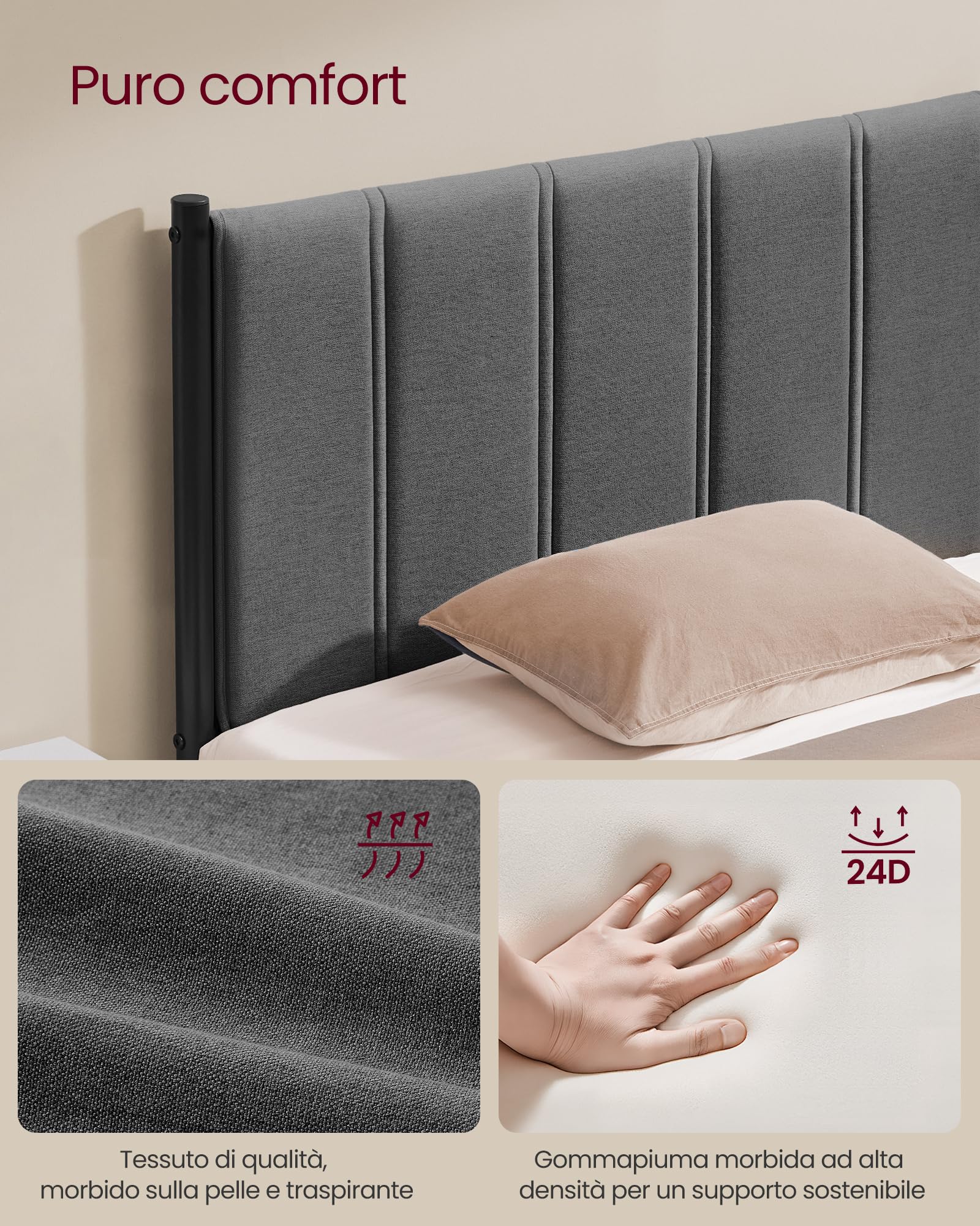 VASAGLE Struttura Letto, 140 x 200 cm, Letto Sollevabile con Contenitore, Testiera, Sollevamento Idraulico, Moderno e Semplice, Montaggio Facile, Grigio Scuro RMB614G02