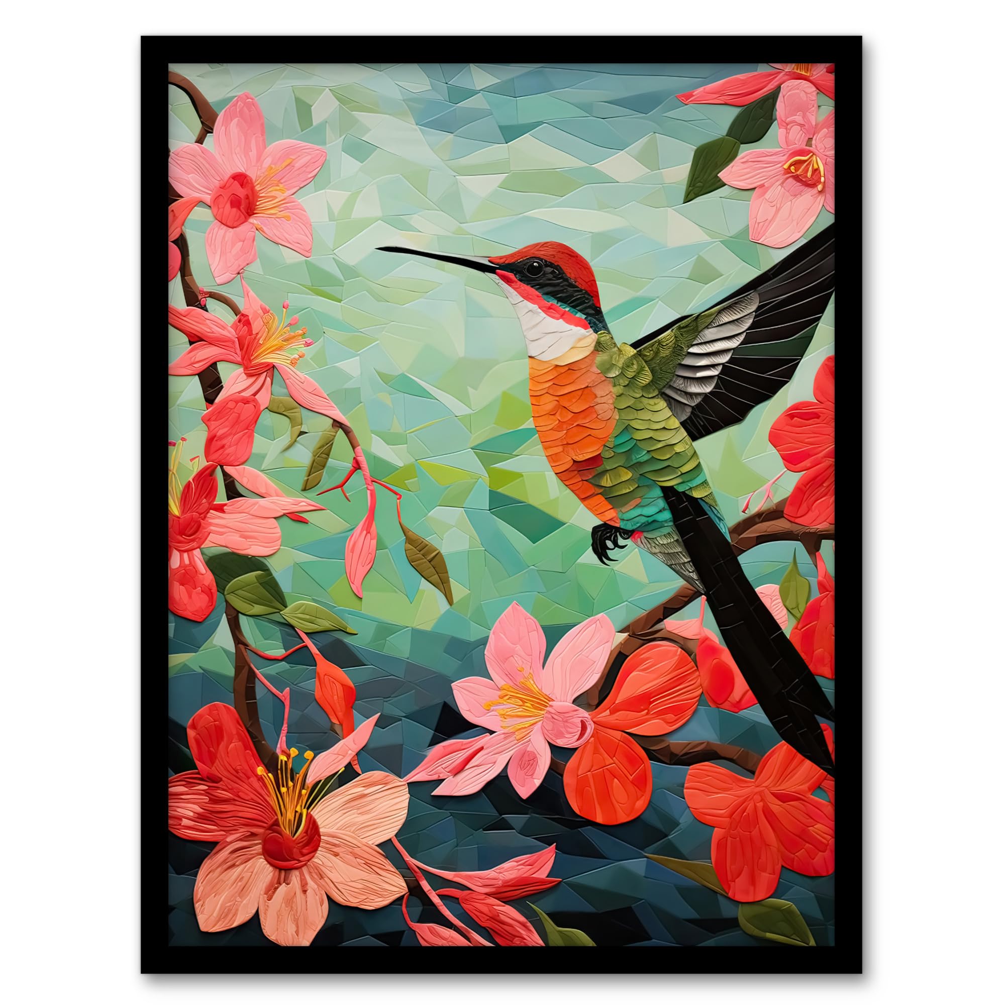 Artery8 Hummingbird and Pink Hibiscus Flowers Colourful Textile Quilt Design with Spring Blooms Artwork Framed Wall Art Print A4