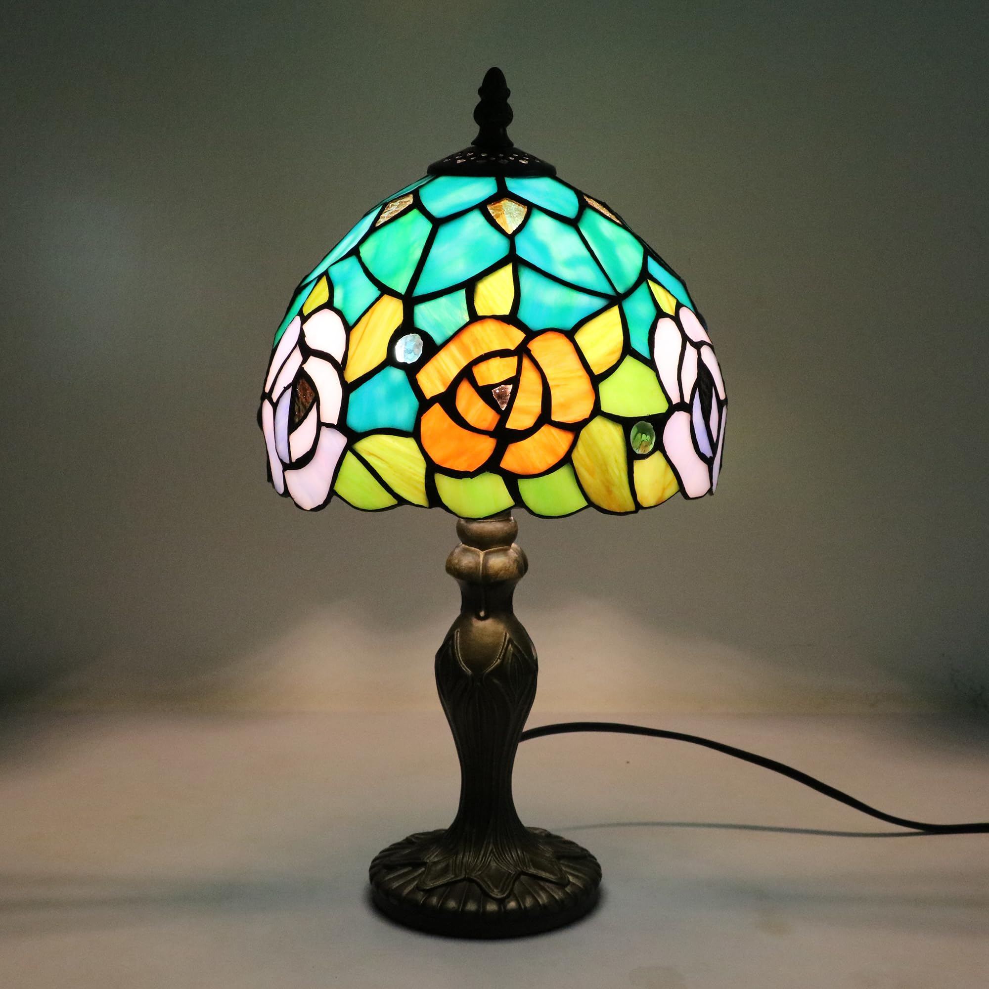 Lampada in Stile Tiffany Fiori di Rosa, Lampada da tavolo, per Soggiorno Camera da letto Tavolino da caffè, Lampadina E14 [Senza lampadine]