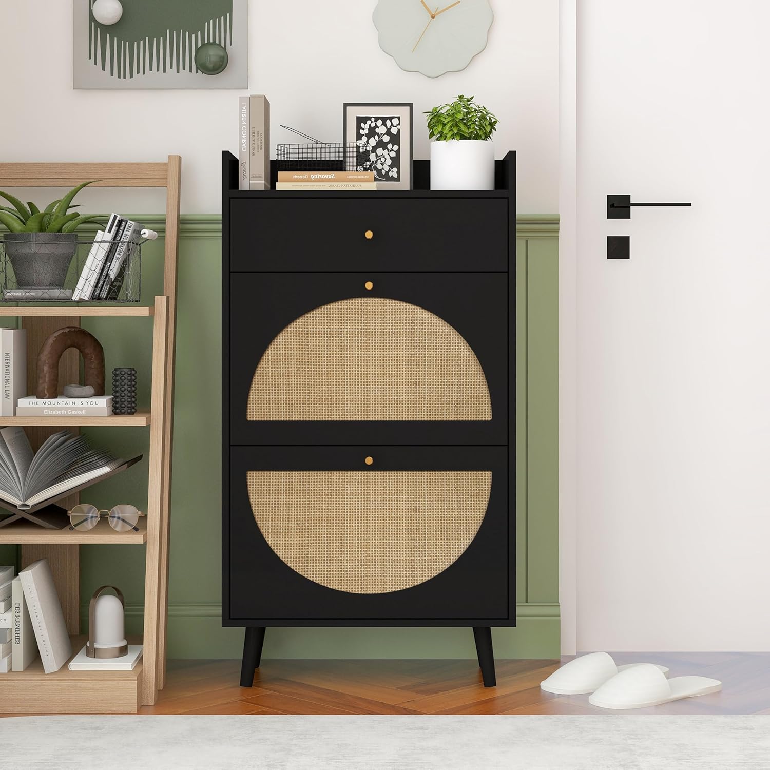 Rattan Shoe Storage Cabinet Double Layer Shoes Rack with 2 Flip Drawers, Freestanding Shoe Cabinet Organizer for Entryway,Hallway,Foyer (Black)