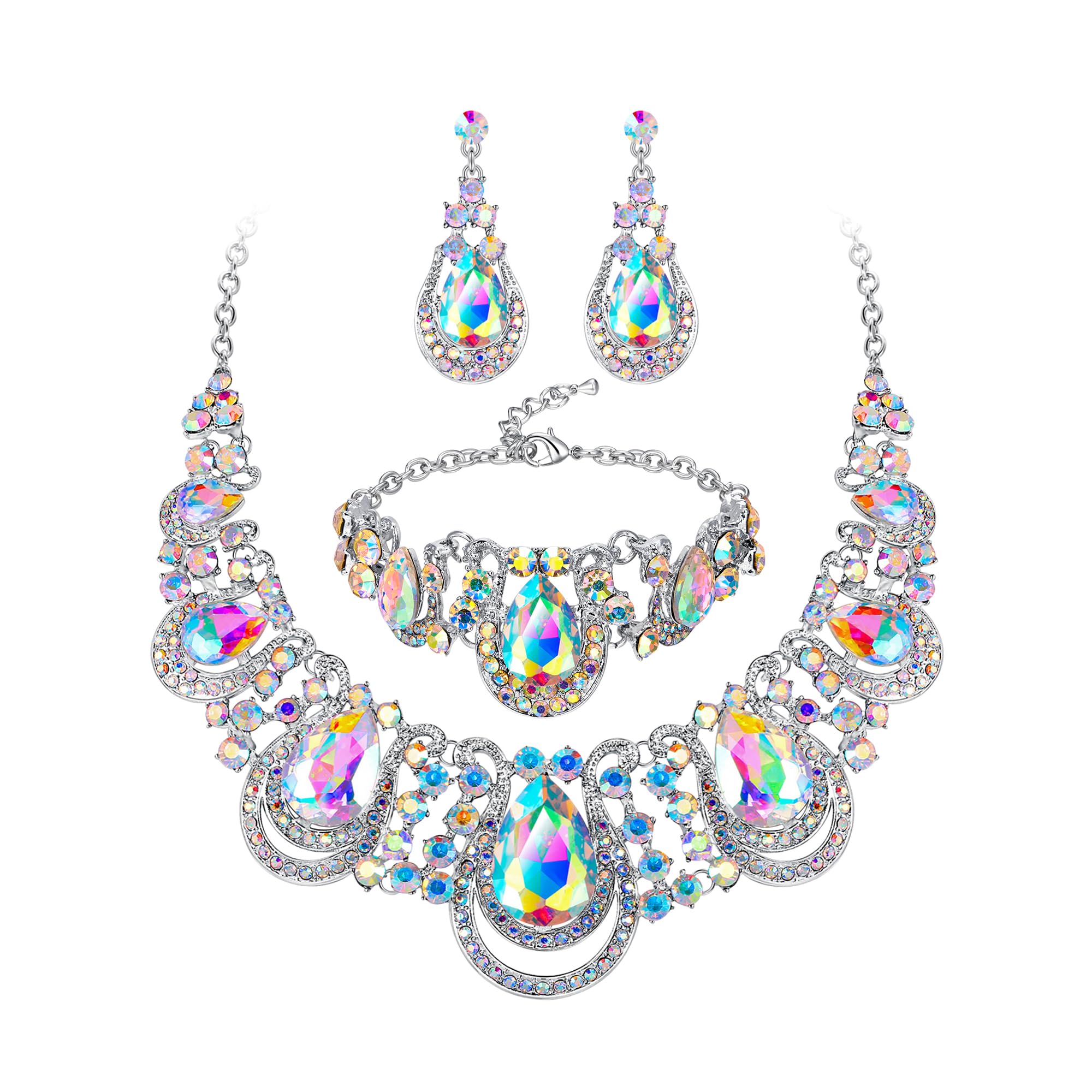 Women's Teardrop Crystal Statement Necklace Cluster Hollow Dangle Earrings Chain Bracelet Bib Jewellery Set for Wedding Bride Bridesmaid