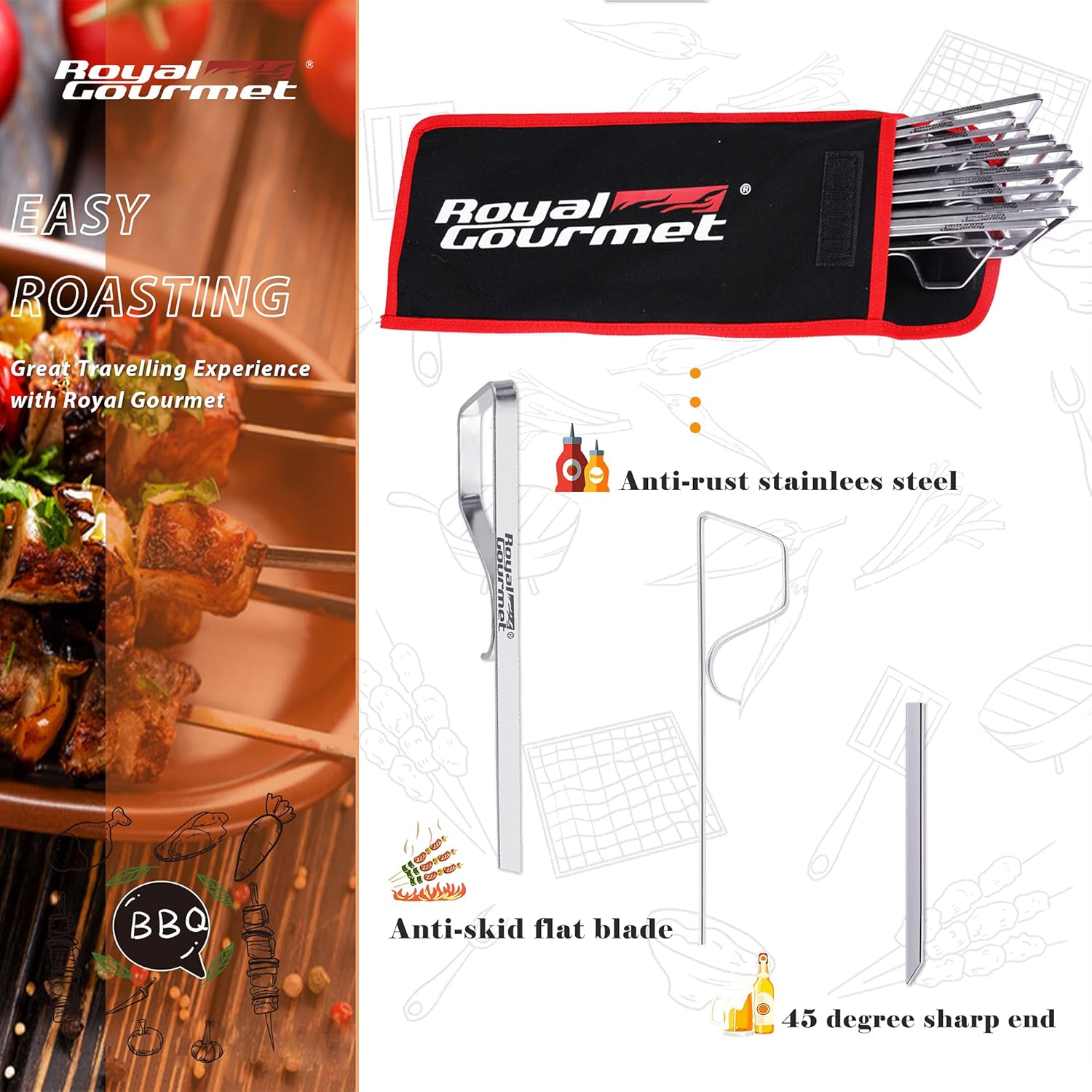 Royal Gourmet BBQ Bundle: 8-Burner 104,000 BTU Gas Grill with 12-Piece 13 Inch Stainless Steel Kebab Skewers and Storage Pouch