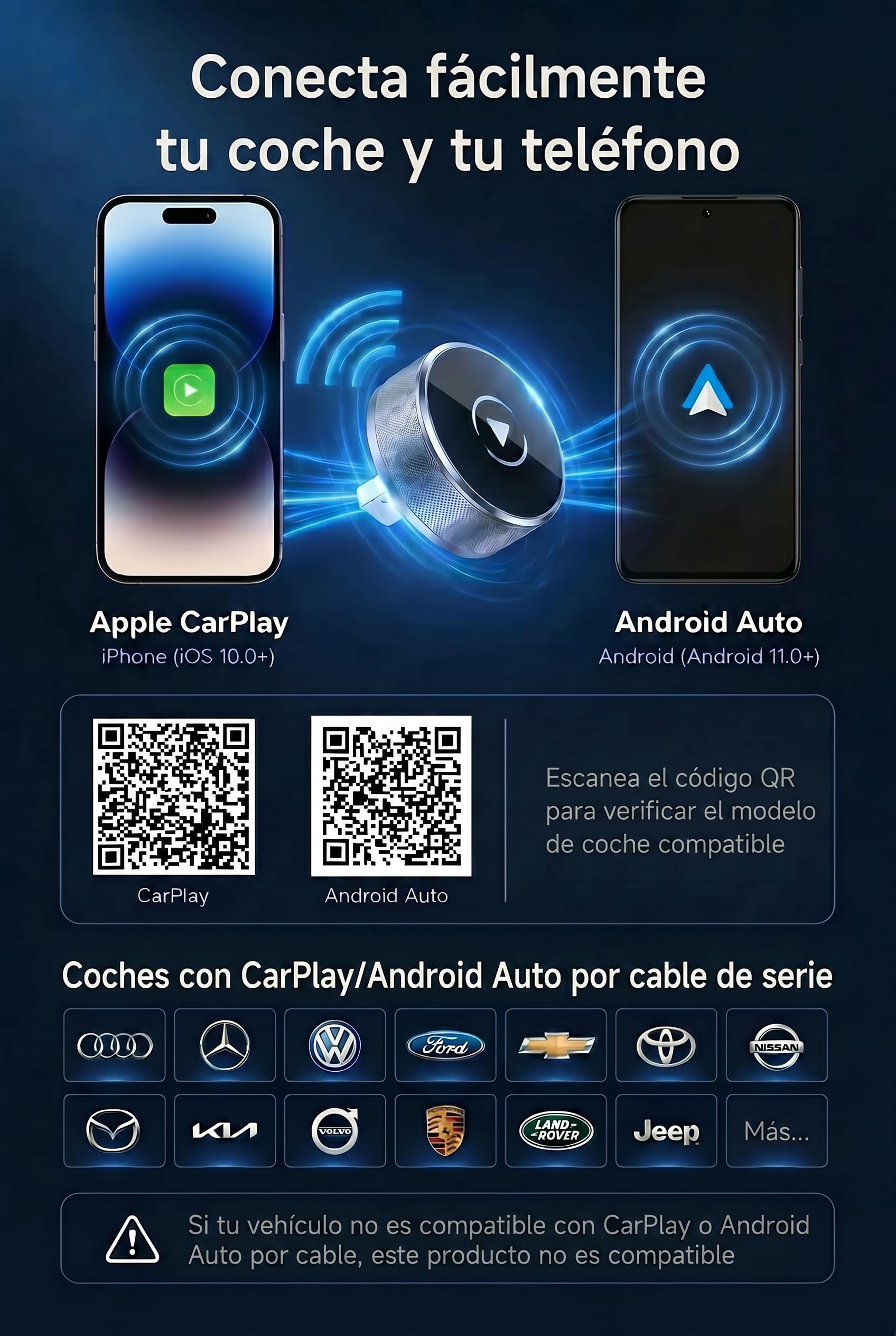 2026 Adaptador CarPlay & Android Auto Inalámbrico, Adaptador 2 en 1 para iPhone y Android, WiFi 2,4/5GHz con Conexión Automática, Plug & Play Estable y Sin Latencia, Diseño Premium de Aluminio