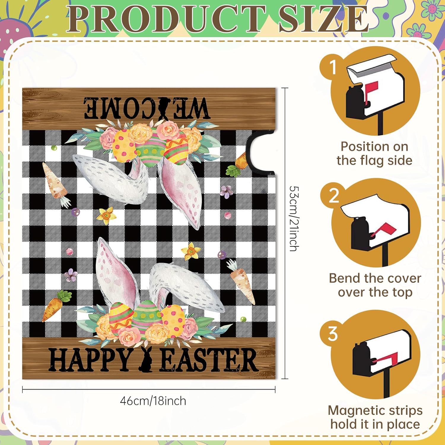 Easter Mailbox Cover Magnetic Cute Rabbit Colorful Eggs Decorative Waterproof Spring Holiday Mailbox Wraps Post Letter Box Cover for Outdoor Garden Yard Home Decor Outside Standard Size 18x21 in