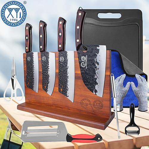 Miniatura 5 de XYJ Juego de cuchillos de acero de alto carbono con bloque magnético de cuchillos, tabla de cortar, acero para afilar, tijeras, guantes resistentes